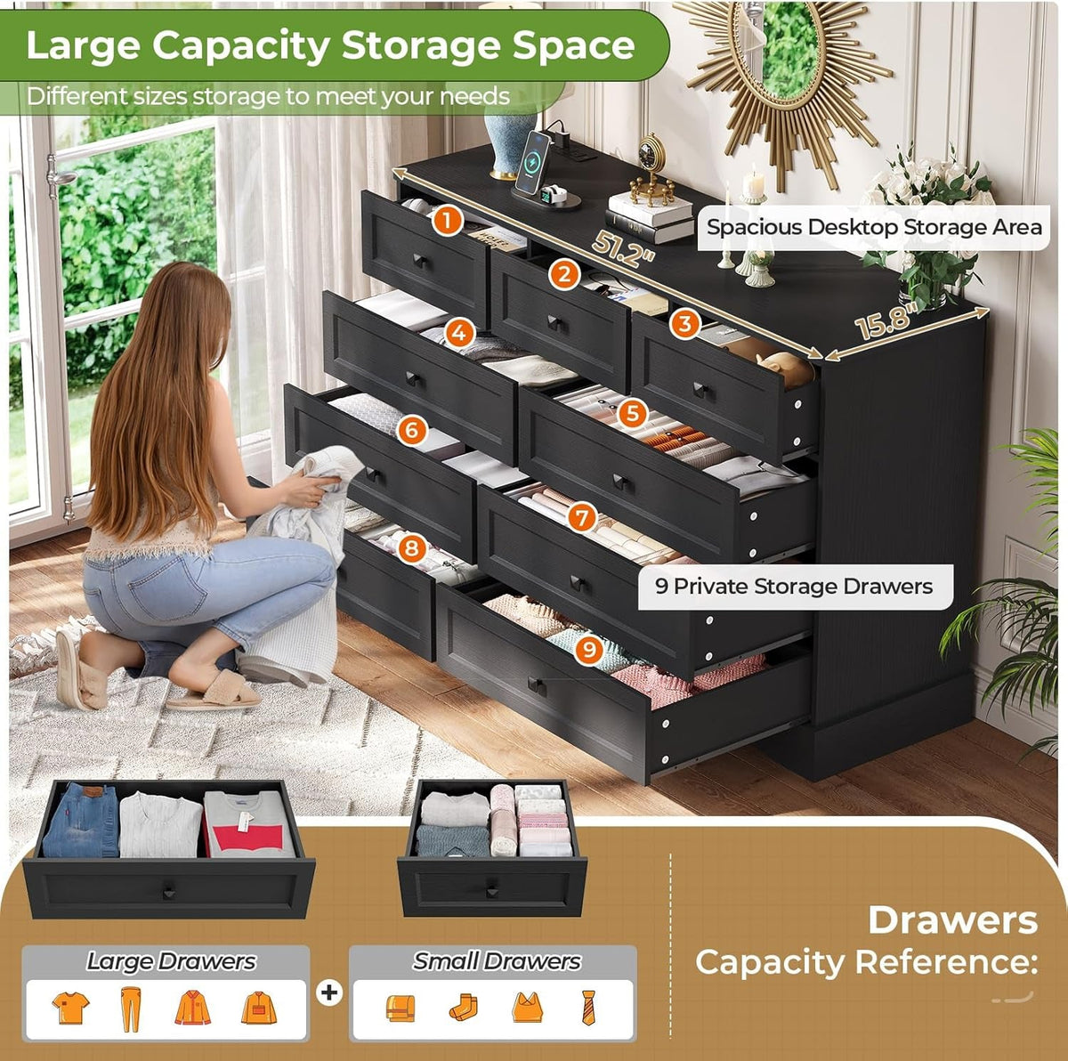 51.2 Inch Wide Dresser With Charging Station For Bedroom