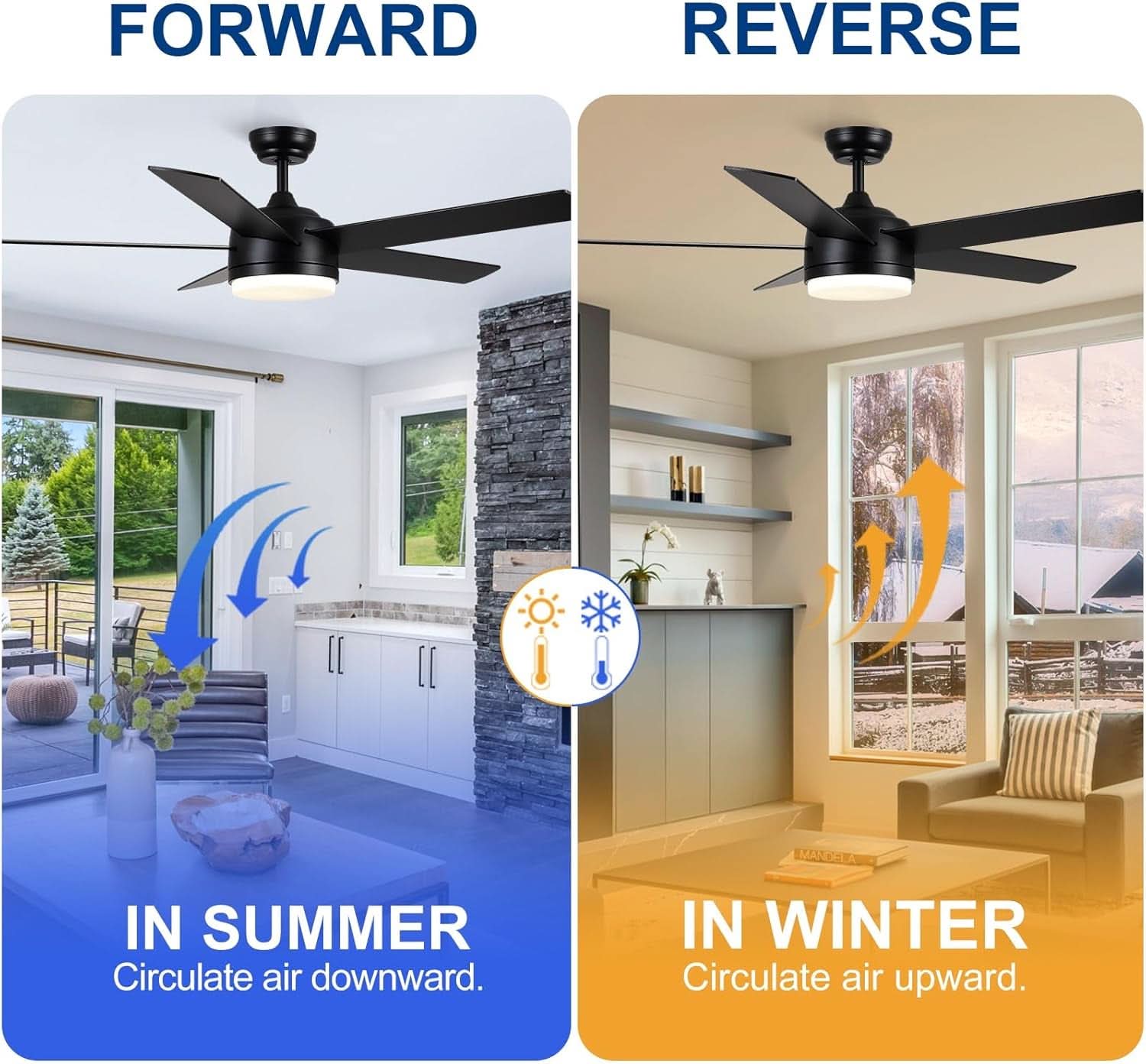 52 Inch Black Ceiling Fan With Dimmable 3 Color LED Lights And Remote