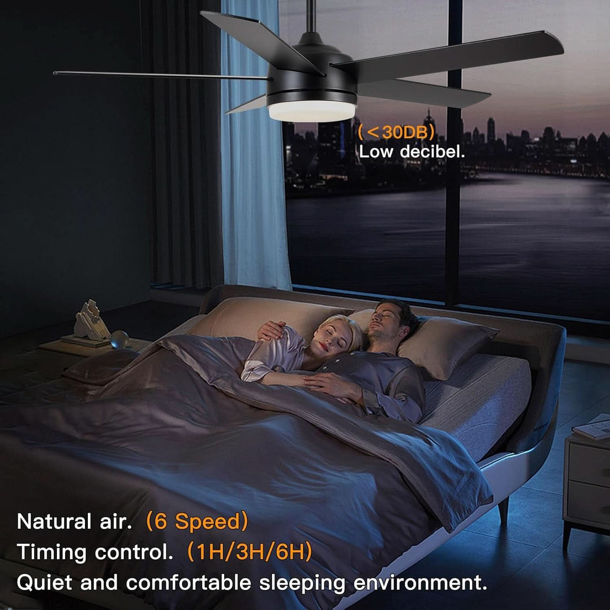 52 Inch Black Ceiling Fan With Dimmable 3 Color LED Lights And Remote