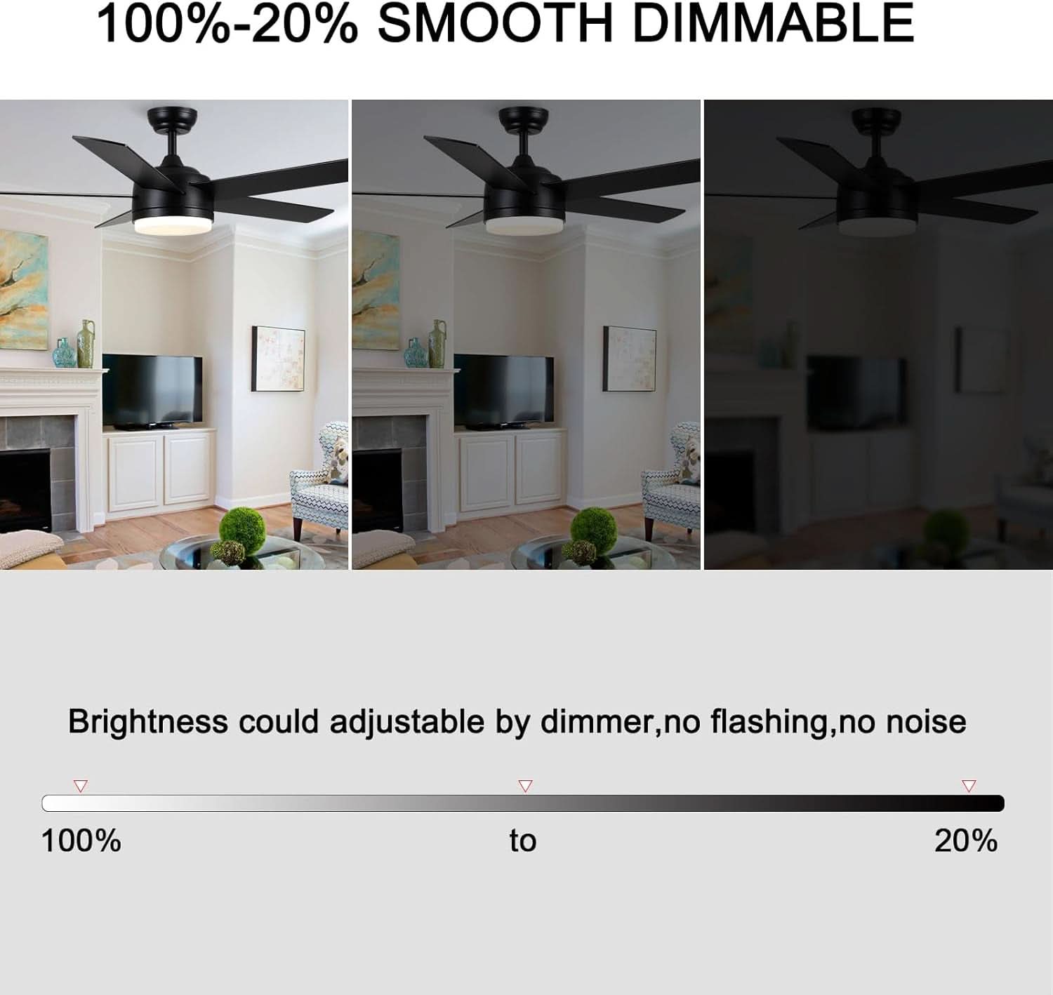52 Inch Black Ceiling Fan With Dimmable 3 Color LED Lights And Remote