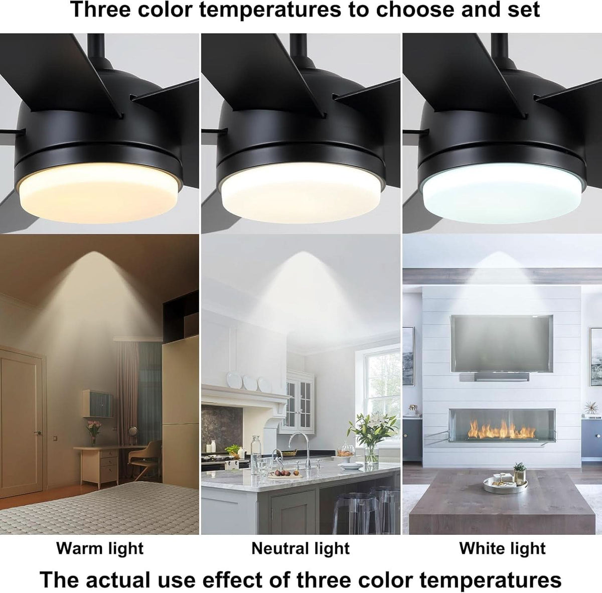 52 Inch Black Ceiling Fan With Dimmable 3 Color LED Lights And Remote