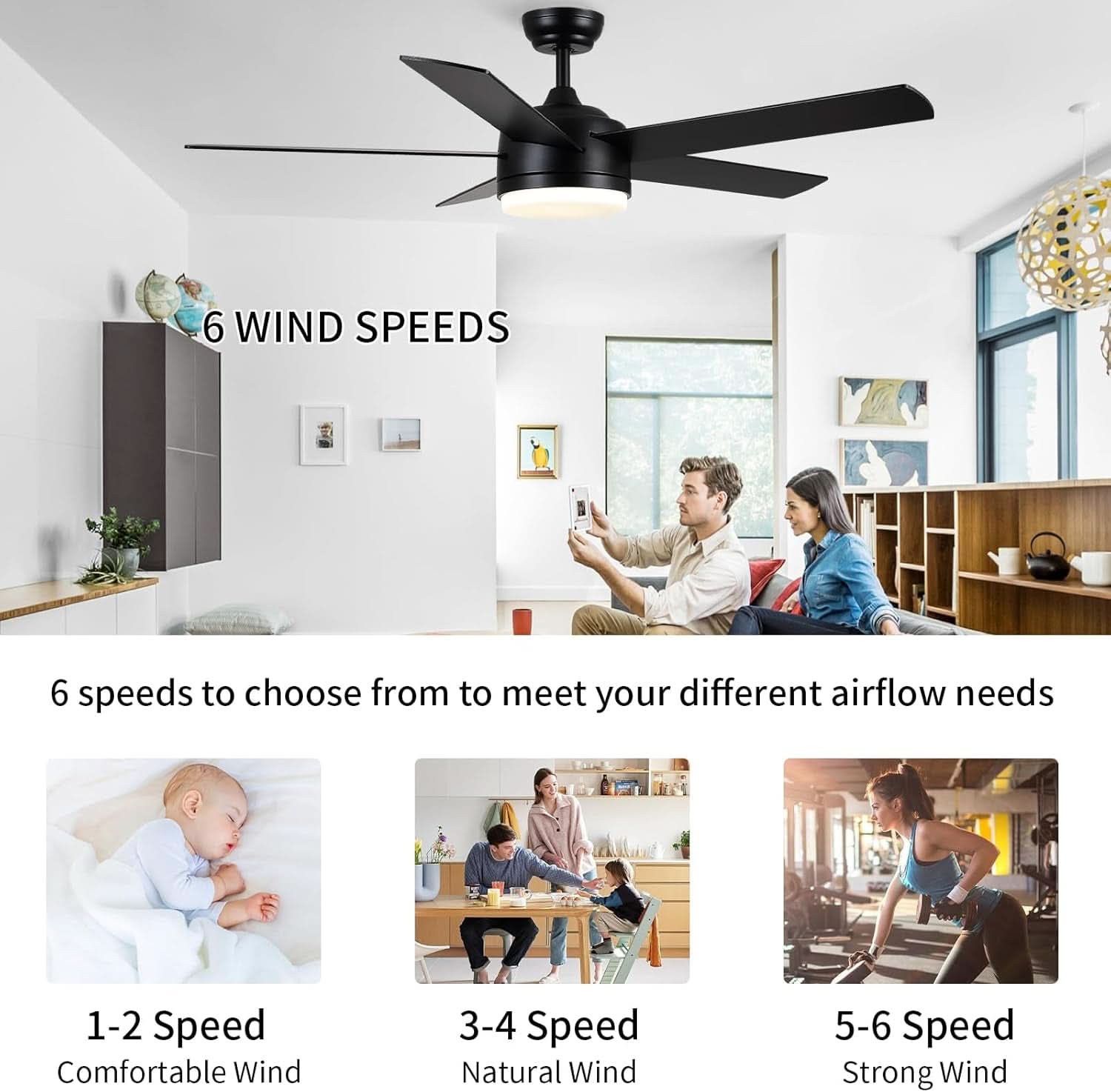 52 Inch Black Ceiling Fan With Dimmable 3 Color LED Lights And Remote