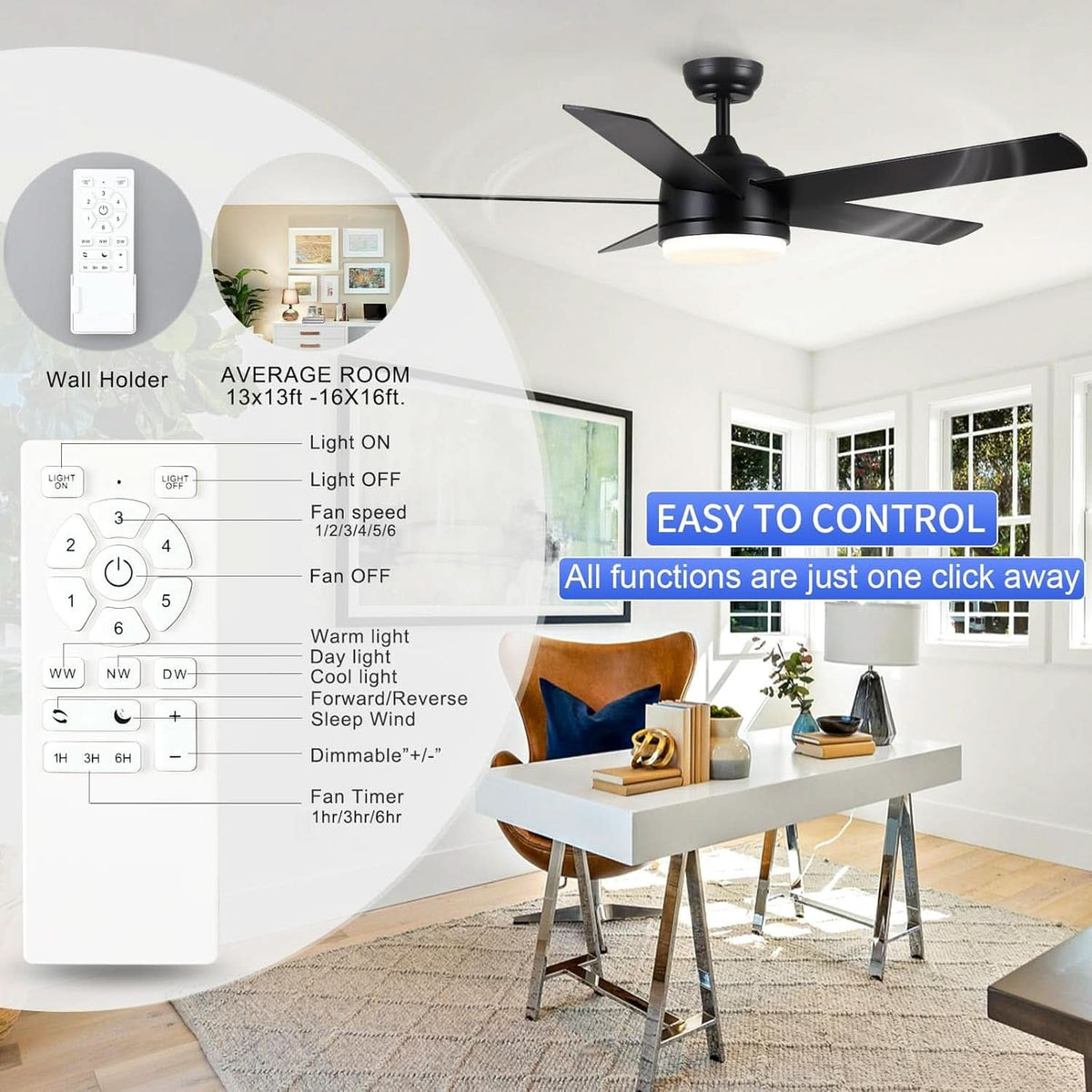 52 Inch Black Ceiling Fan With Dimmable 3 Color LED Lights And Remote