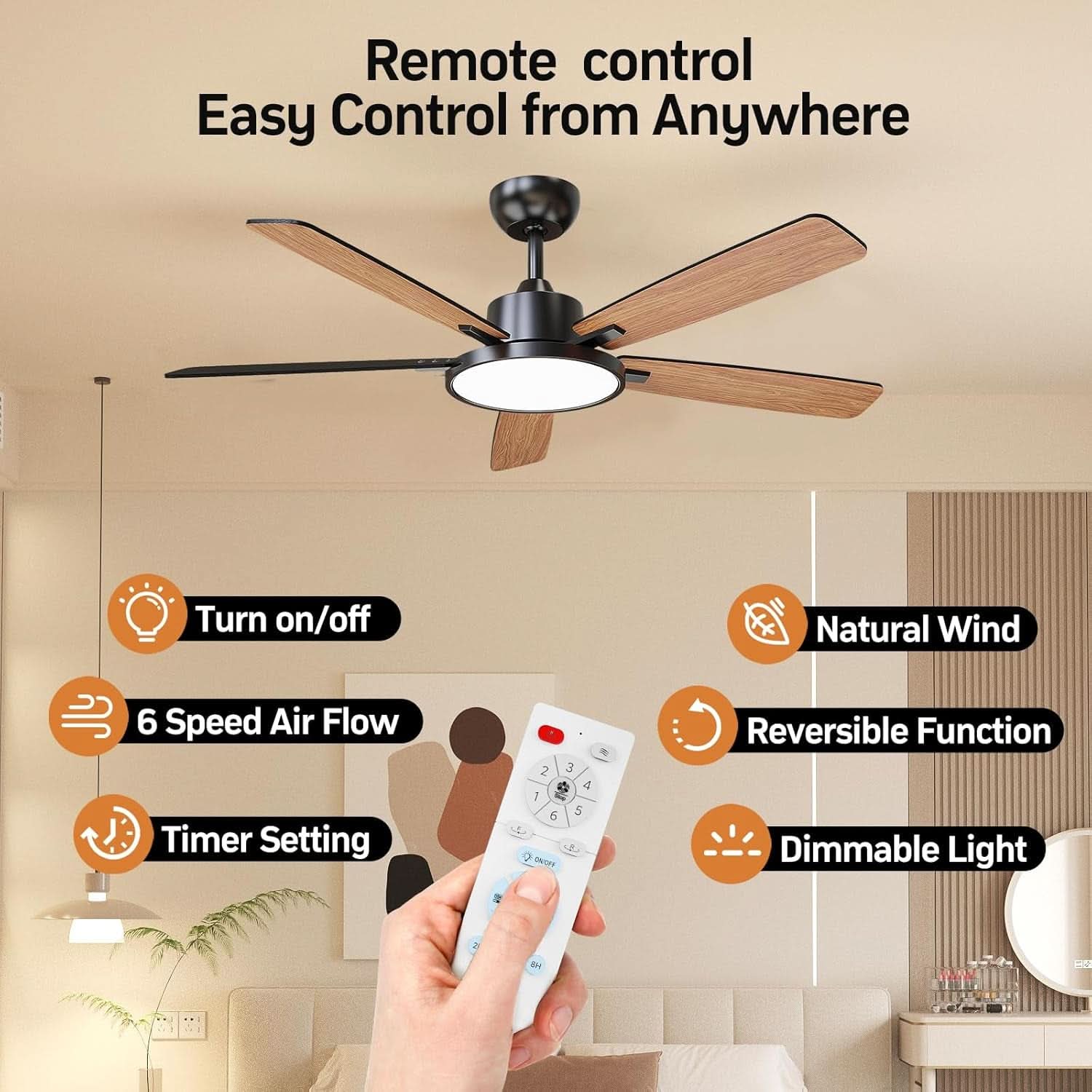 52 Inch Black Ceiling Fan With LED Light And Remote