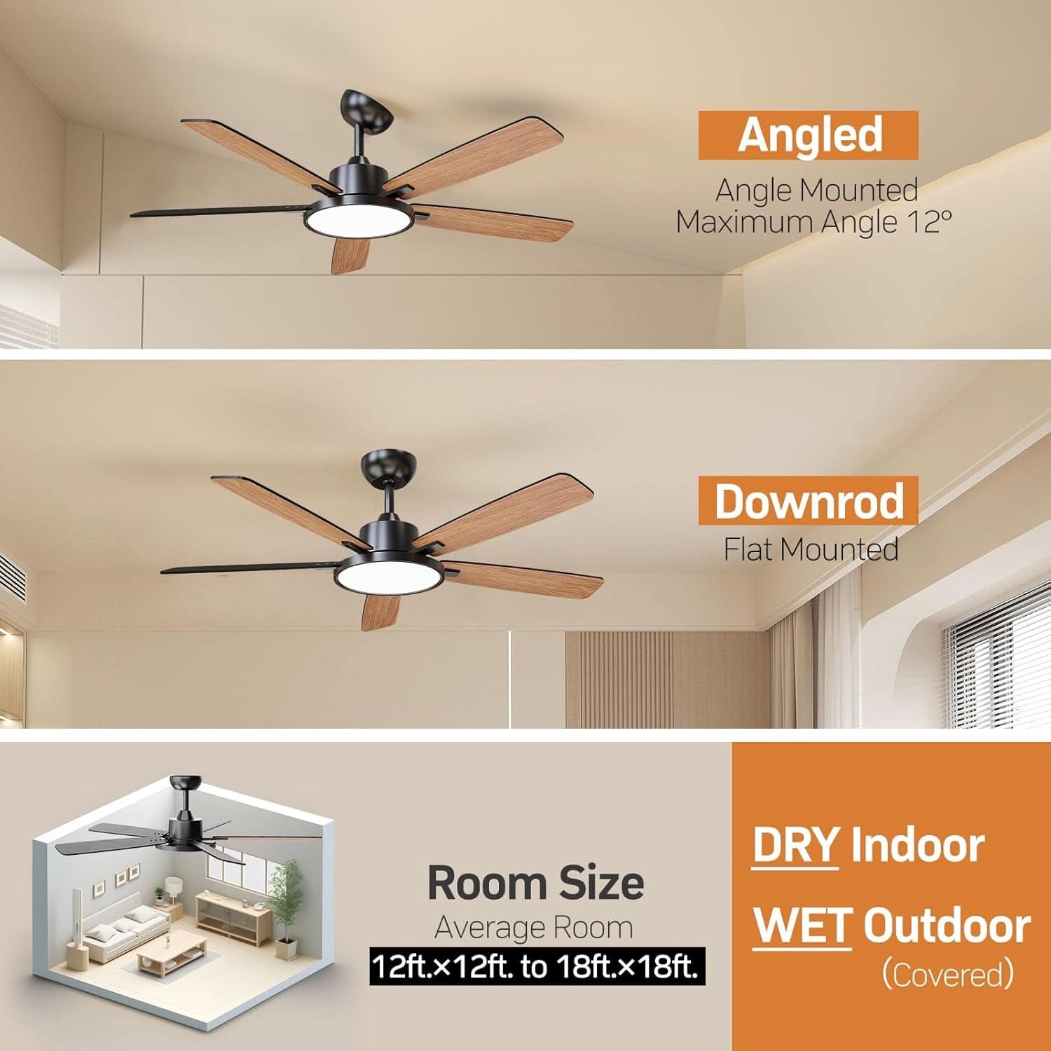 52 Inch Black Ceiling Fan With LED Light And Remote