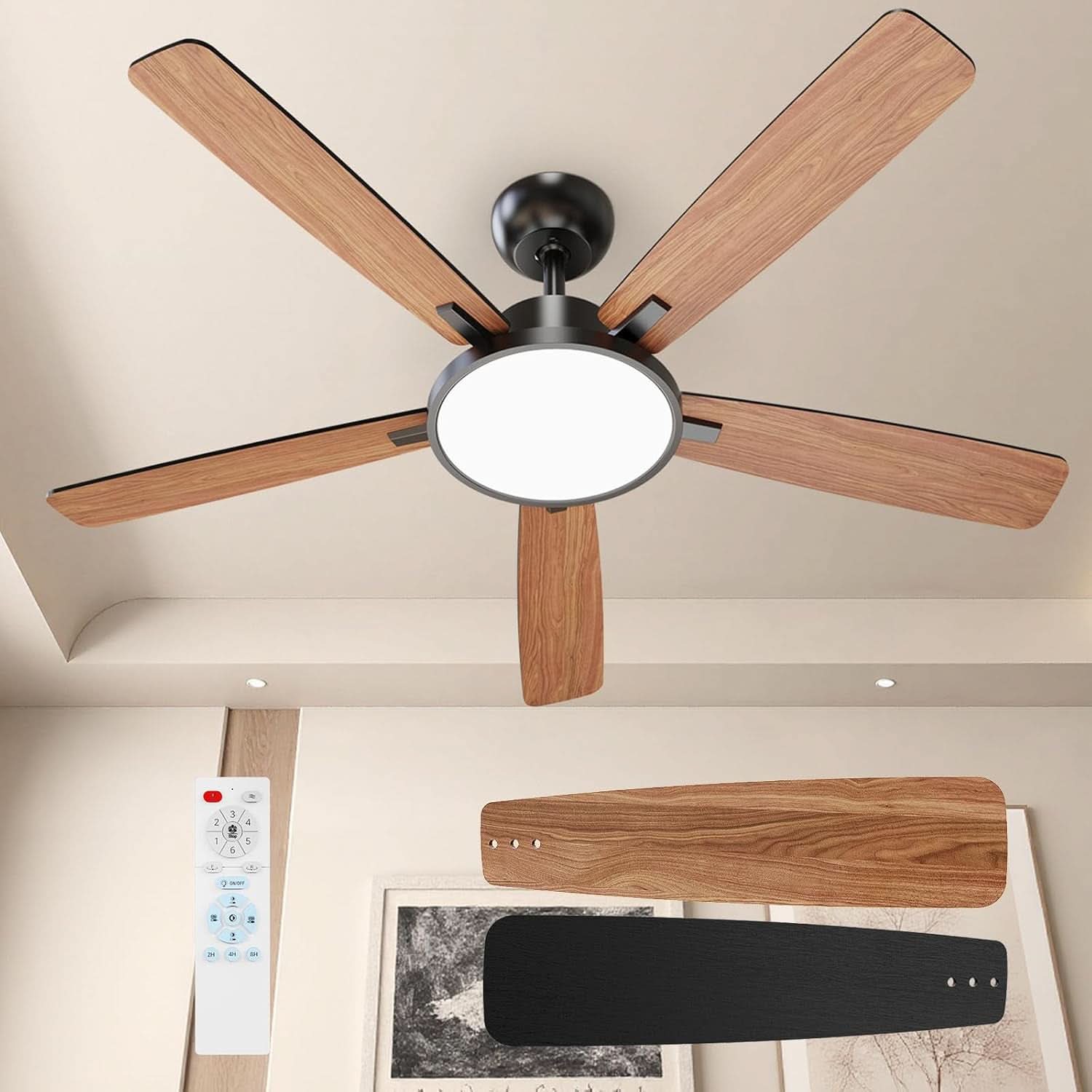 52 Inch Black Ceiling Fan With LED Light And Remote