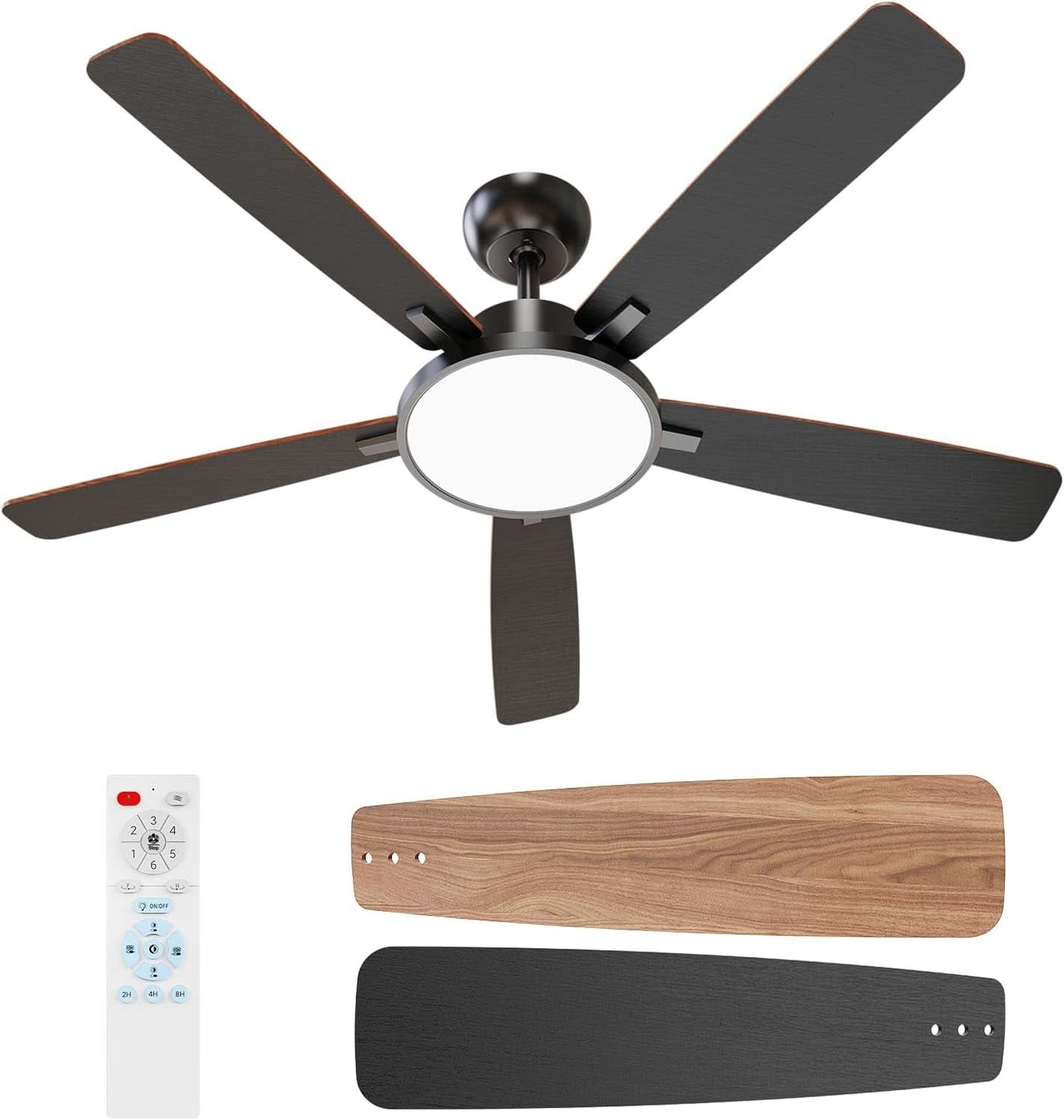 52 Inch Black Ceiling Fan With LED Light And Remote
