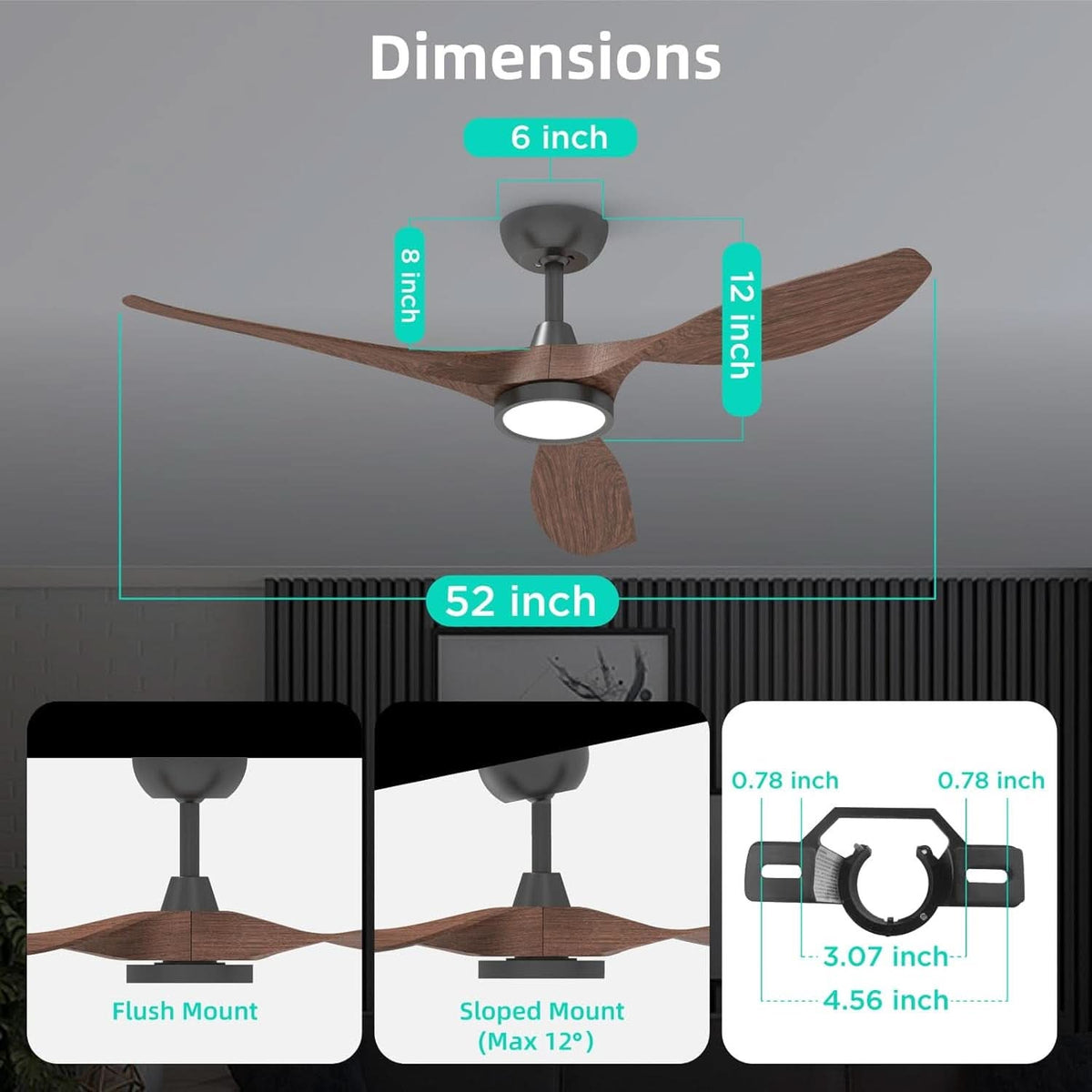 52 Inch Black Ceiling Fan With Lights And Remote Control