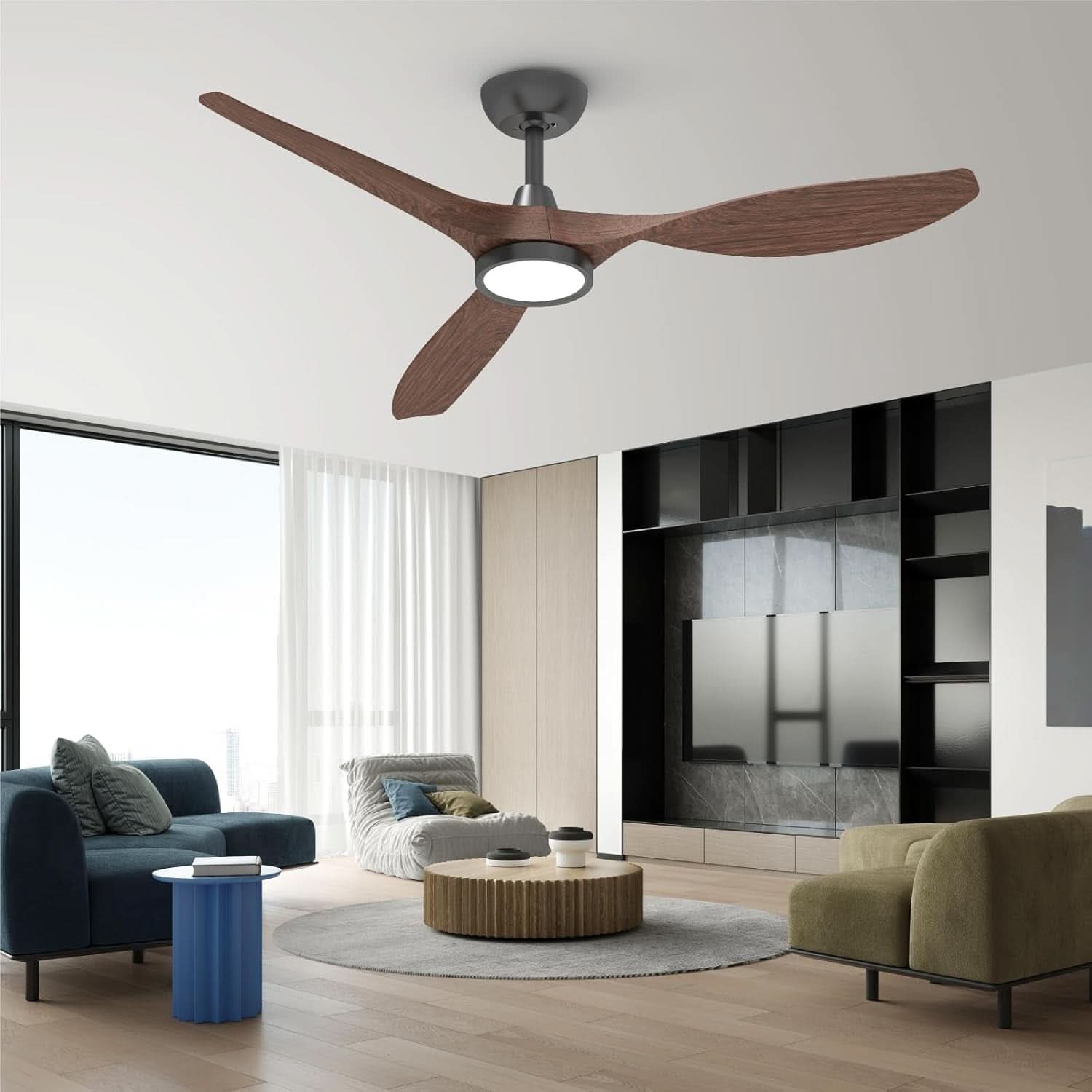 52 Inch Black Ceiling Fan With Lights And Remote Control
