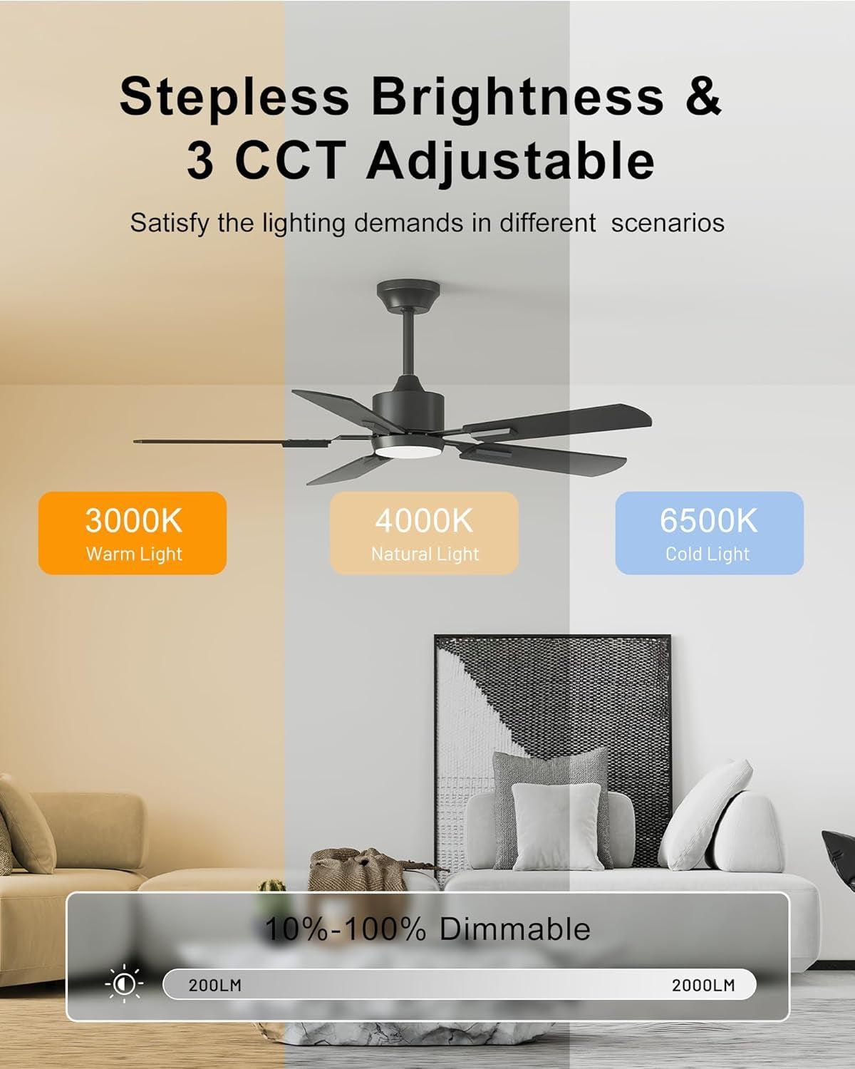 52 Inch Black Ceiling Fan With Remote And Dimmable LED