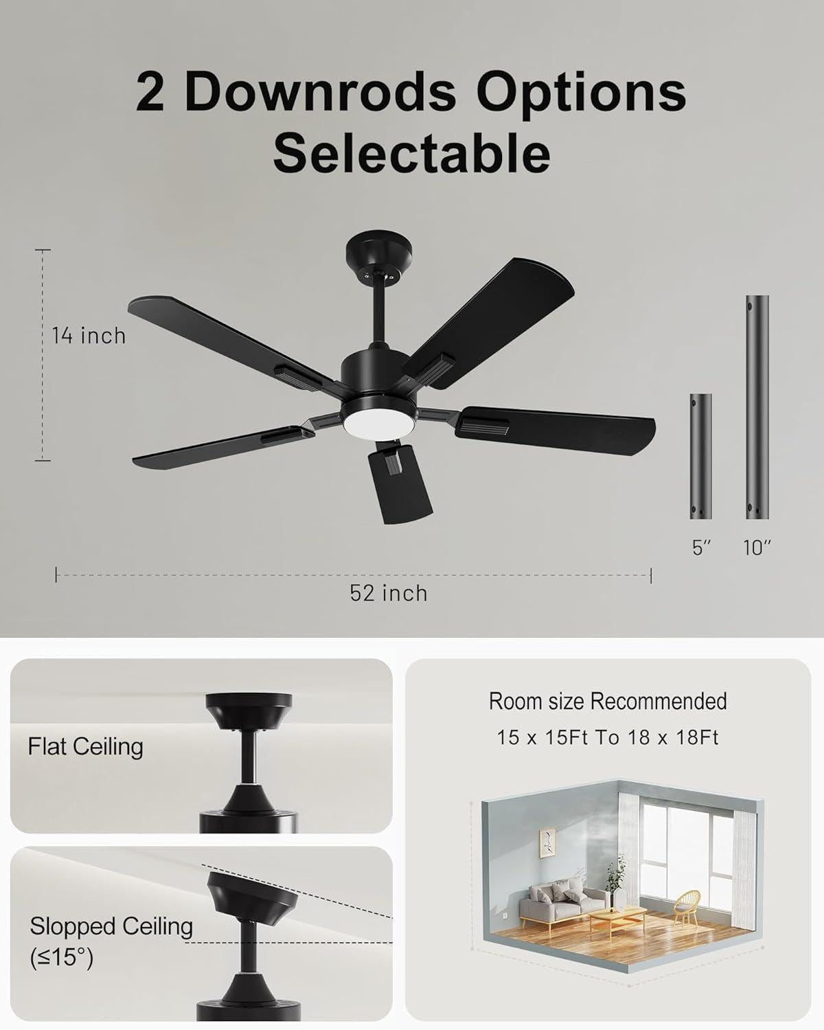 52 Inch Black Ceiling Fan With Remote And Dimmable LED