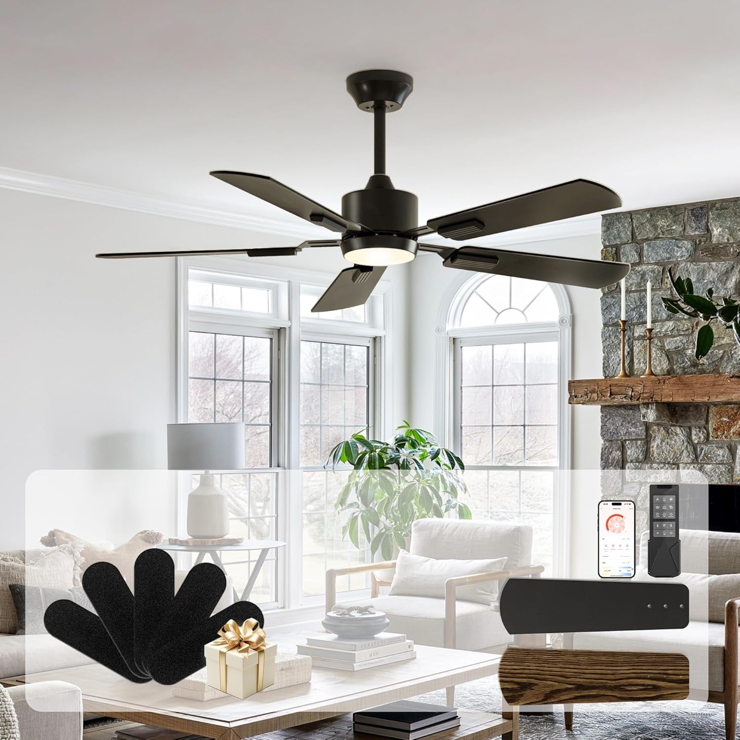52 Inch Black Ceiling Fan With Remote And Dimmable LED