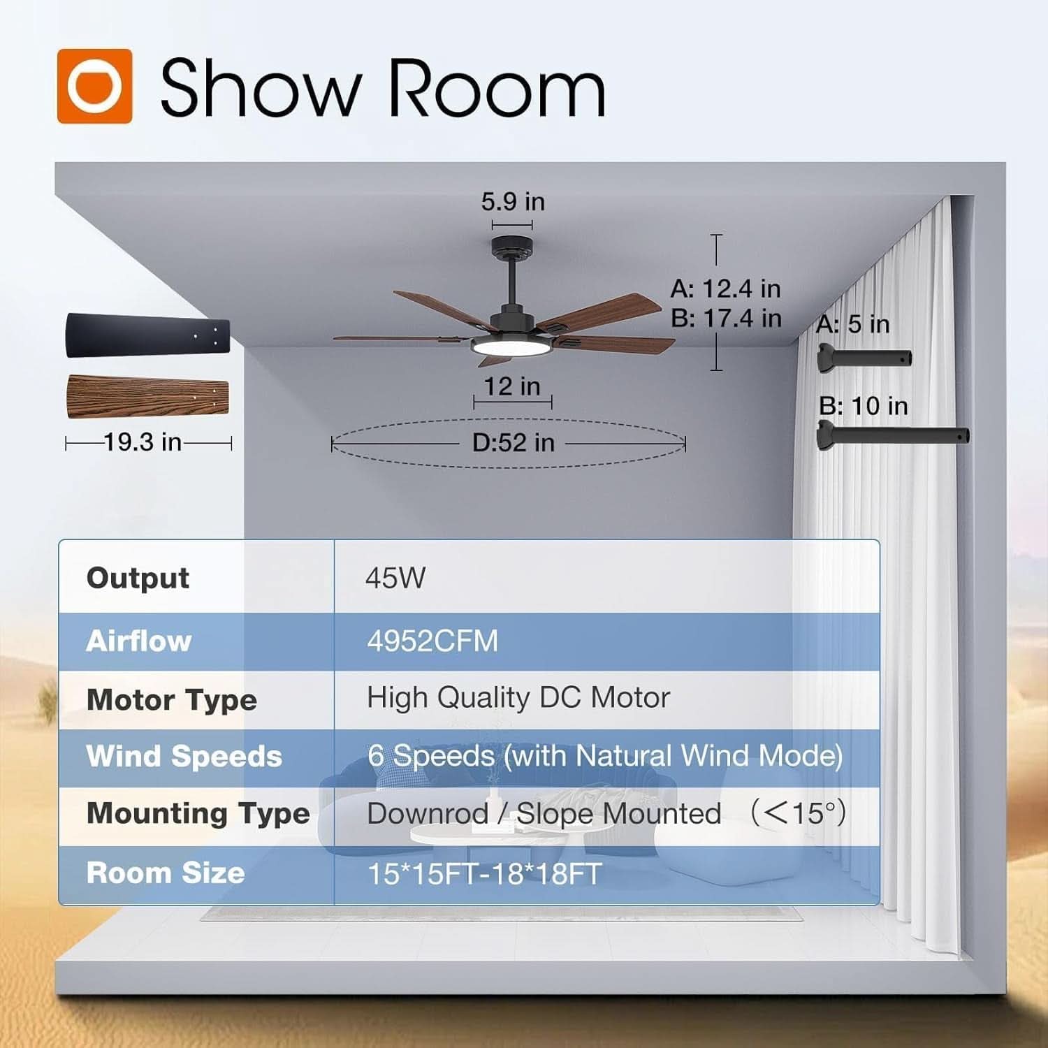 52 Inch Black Ceiling Fan With Remote Integrated Light