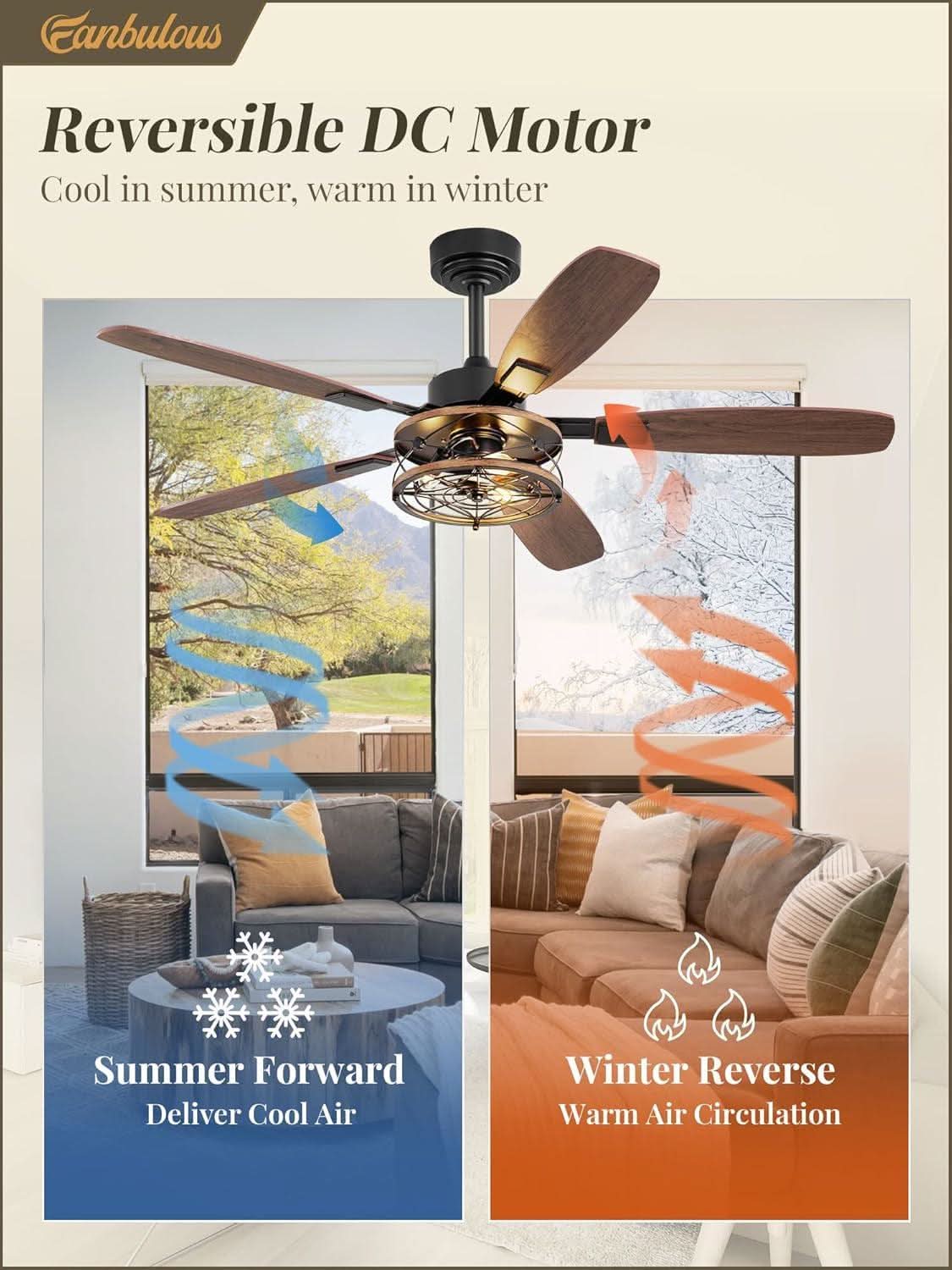 52 Inch Black Farmhouse Ceiling Fan With Light And Remote