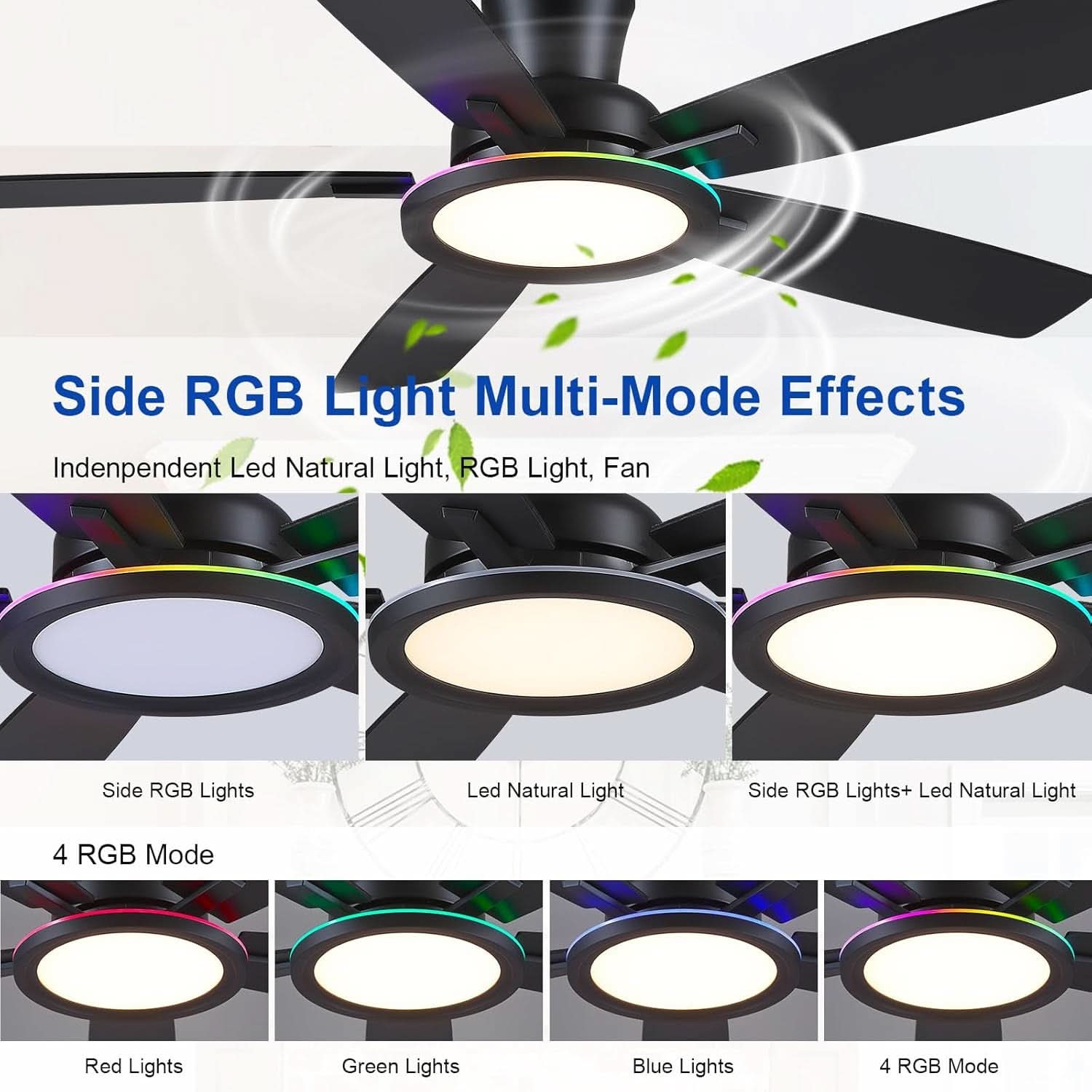 52 Inch Black Flush Mount Ceiling Fan RGB LED Light
