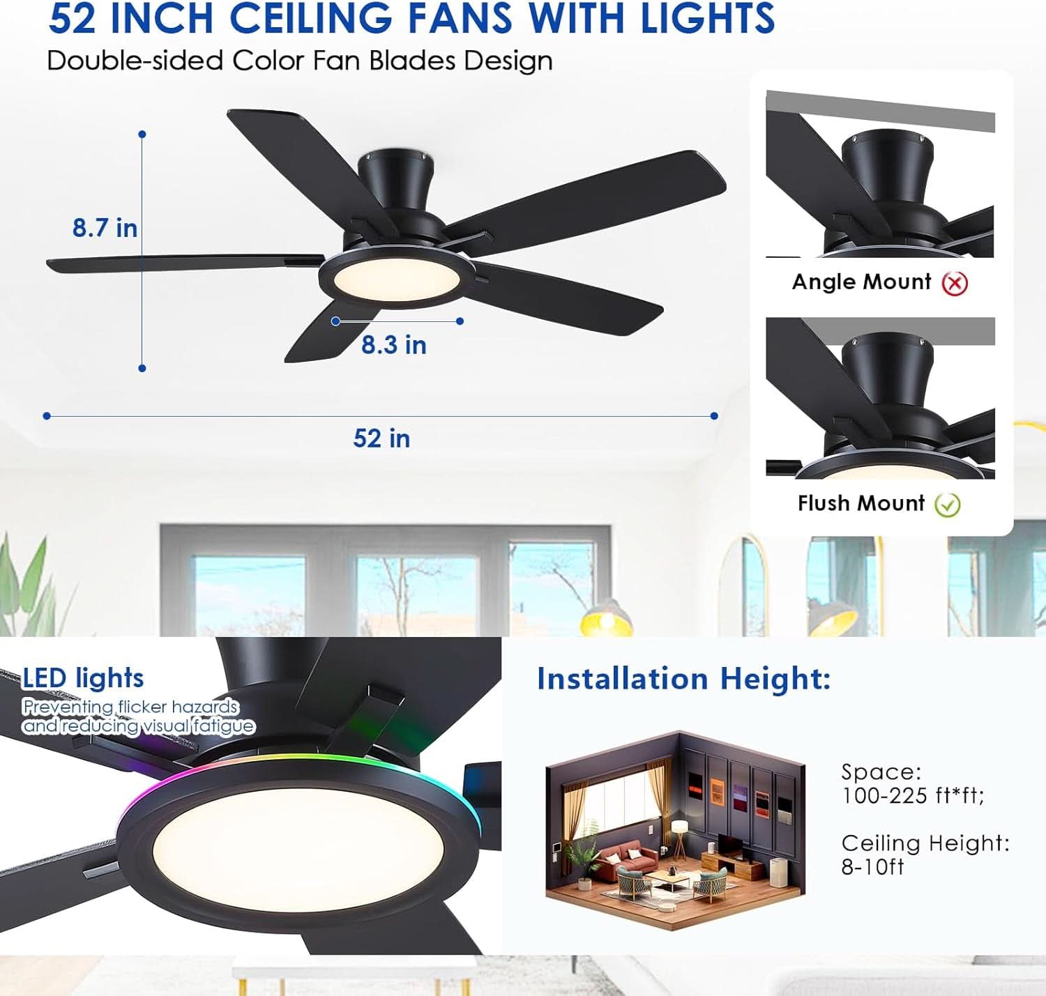 52 Inch Black Flush Mount Ceiling Fan RGB LED Light