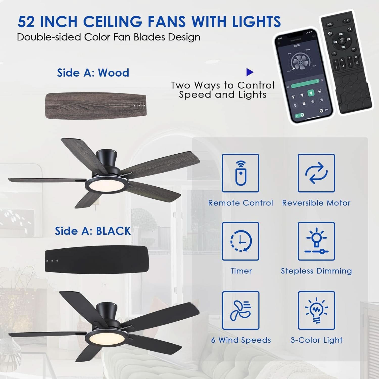 52 Inch Black Flush Mount Ceiling Fan RGB LED Light