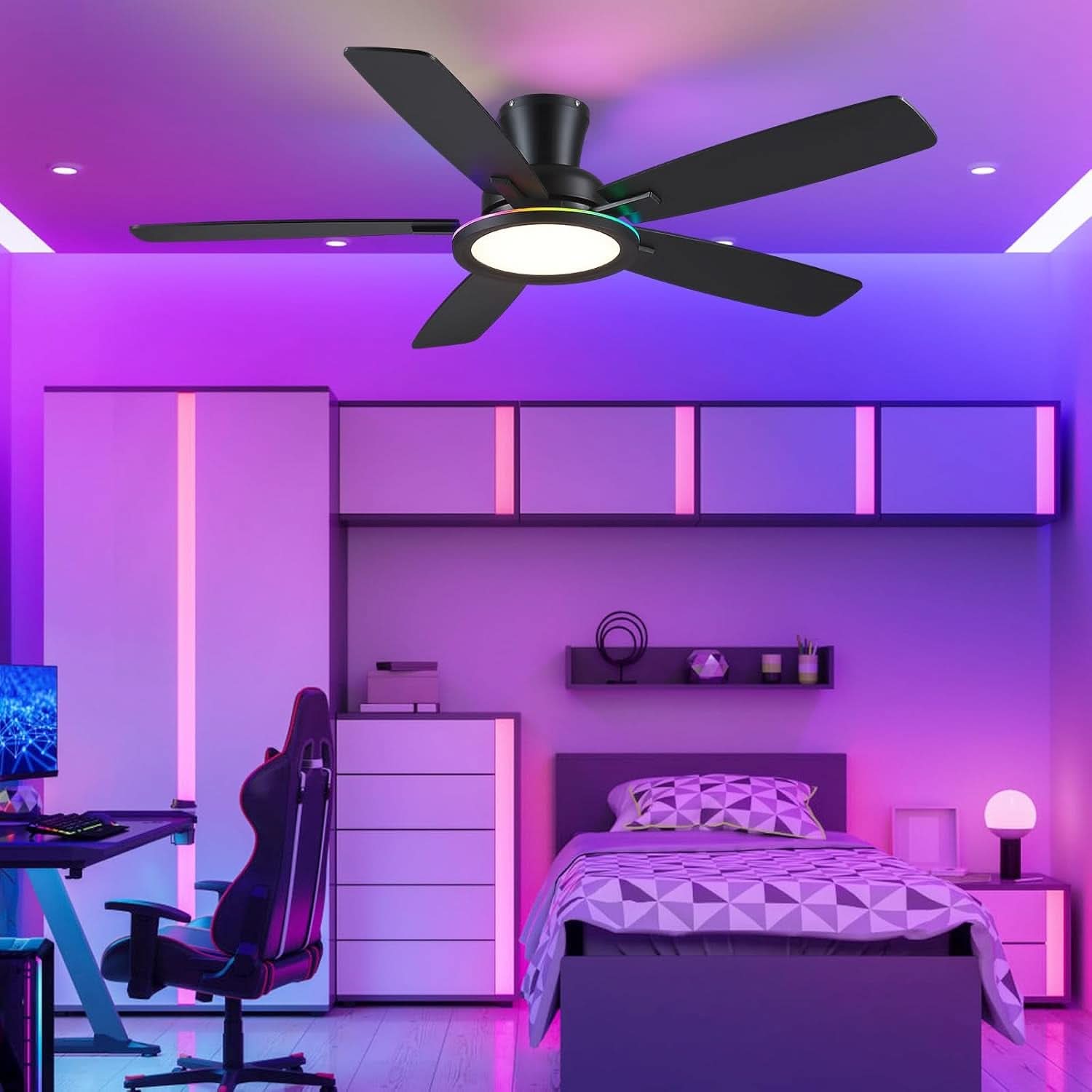 52 Inch Black Flush Mount Ceiling Fan RGB LED Light