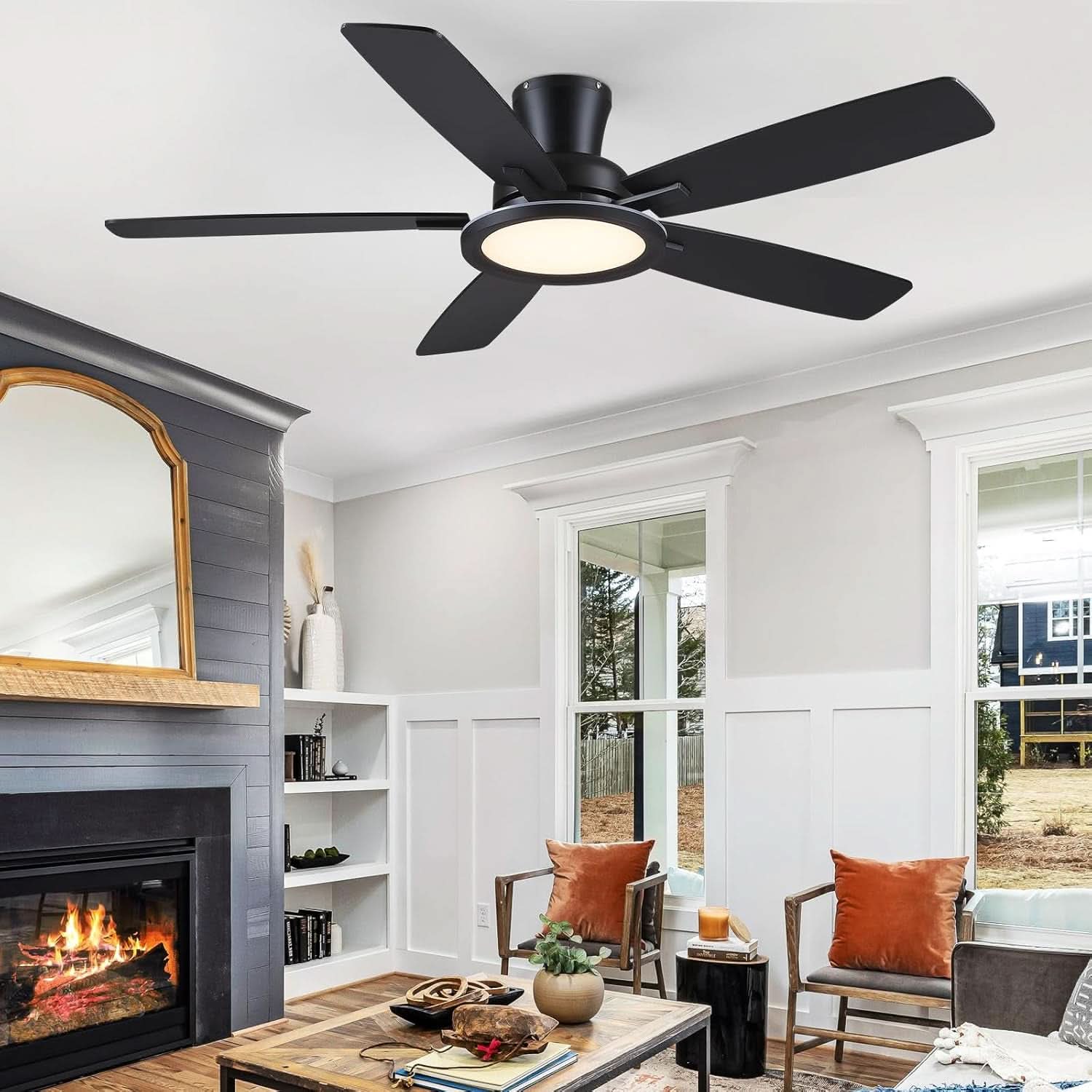 52 Inch Black Flush Mount Ceiling Fan RGB LED Light