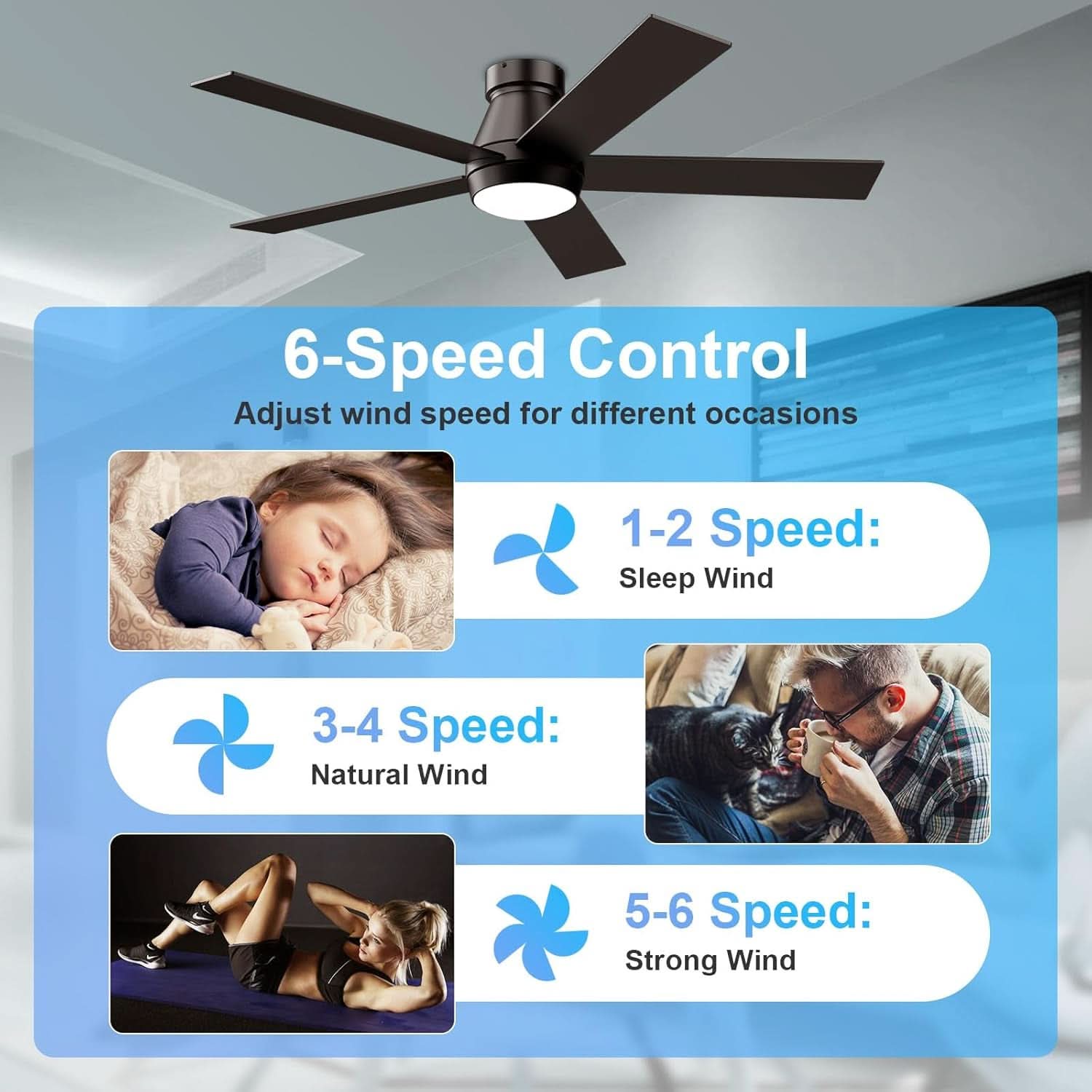 52 Inch Black Flush Mount Ceiling Fan With Dimmable Lights