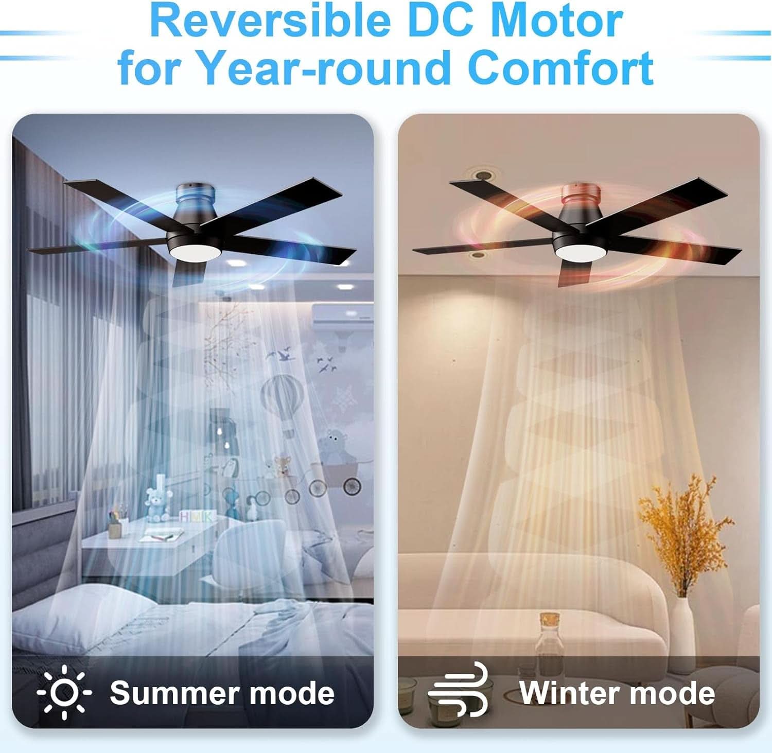 52 Inch Black Flush Mount Ceiling Fan With Dimmable Lights