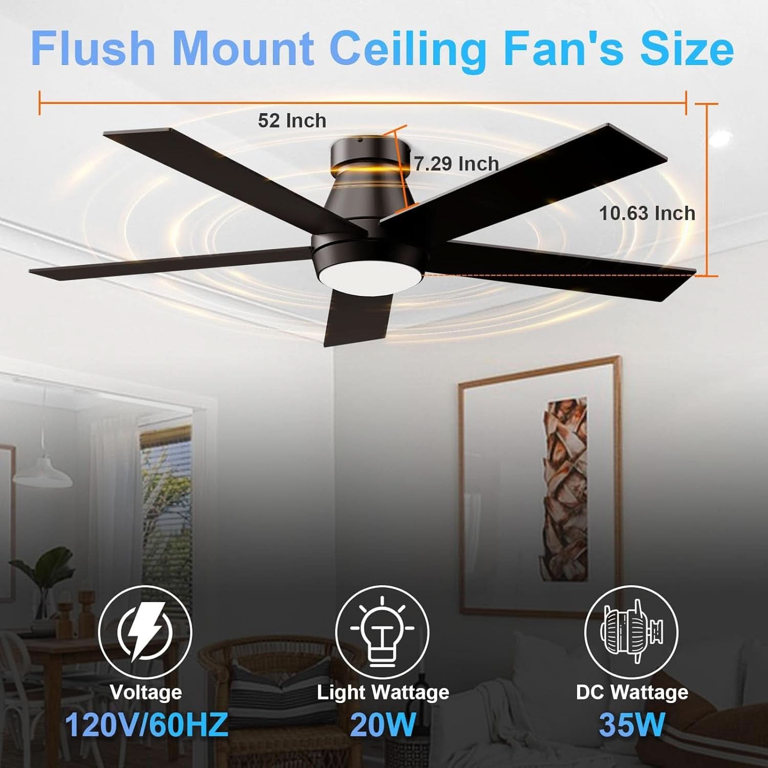 52 Inch Black Flush Mount Ceiling Fan With Dimmable Lights