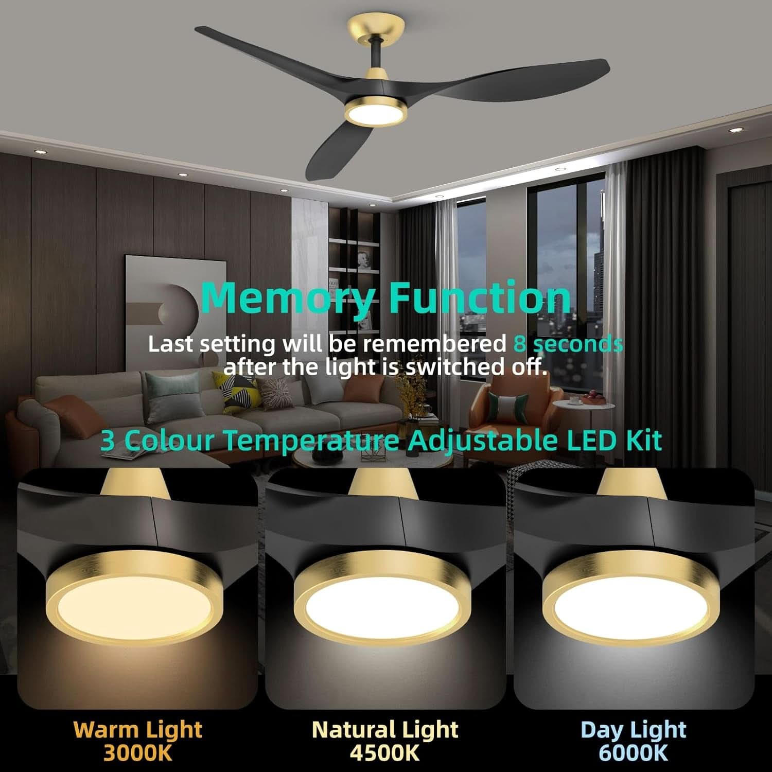 52 Inch Black Gold Indoor Ceiling Fan With LED Light