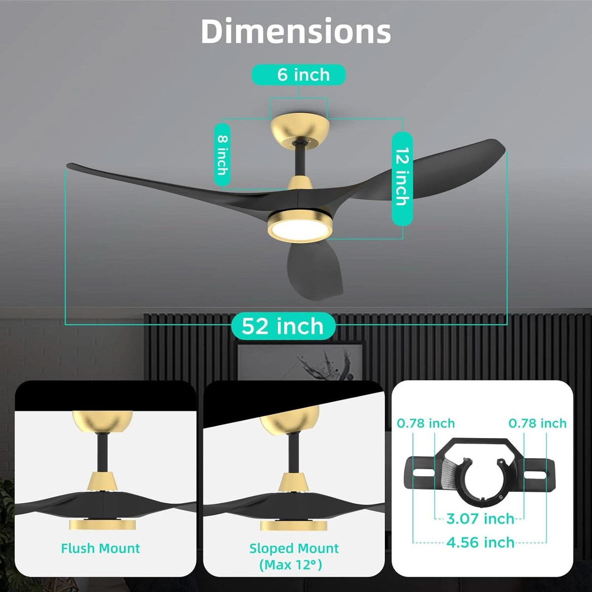 52 Inch Black Gold Indoor Ceiling Fan With LED Light
