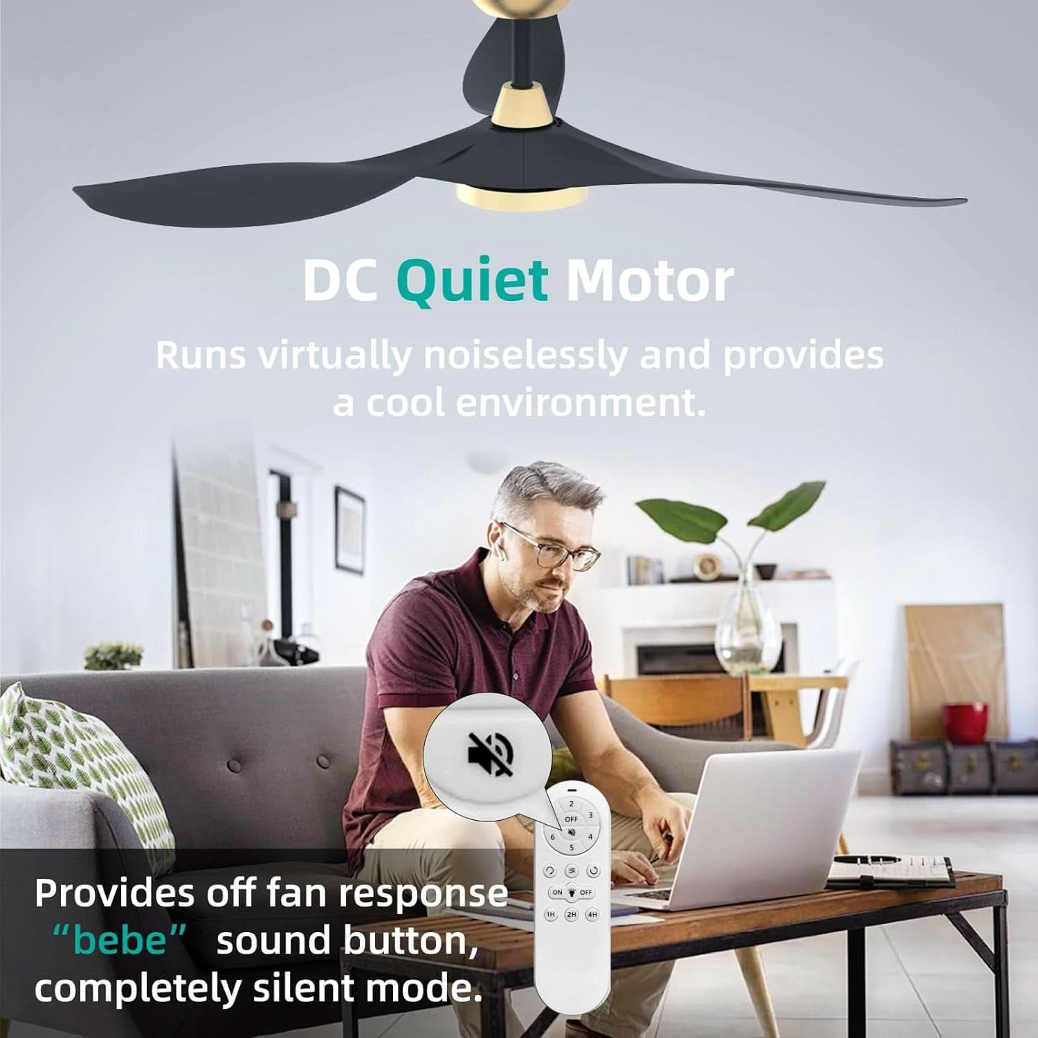 52 Inch Black Gold Indoor Ceiling Fan With LED Light