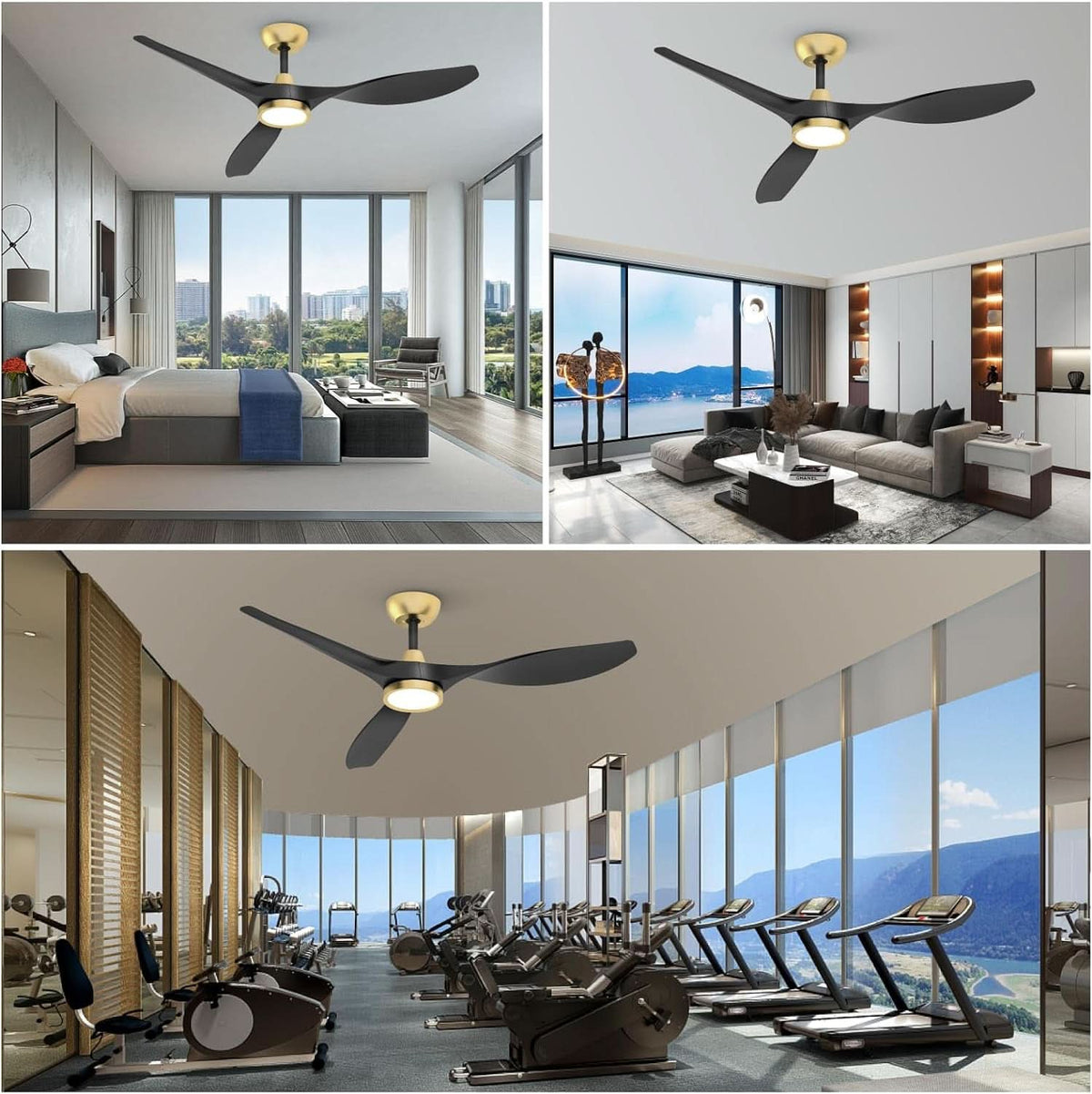 52 Inch Black Gold Indoor Ceiling Fan With LED Light