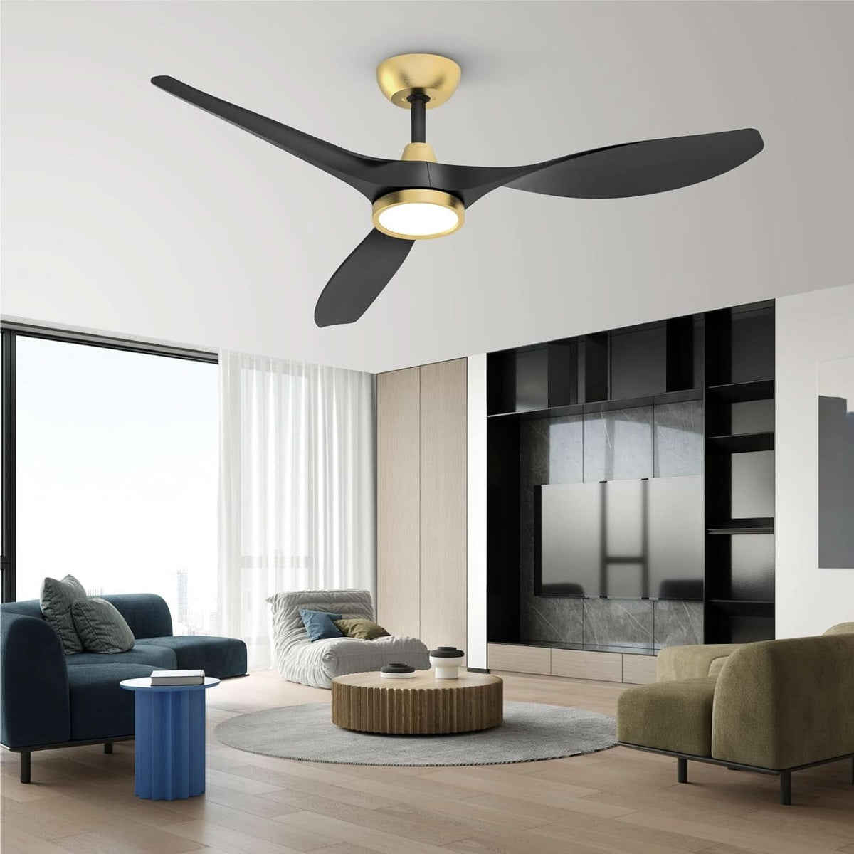 52 Inch Black Gold Indoor Ceiling Fan With LED Light
