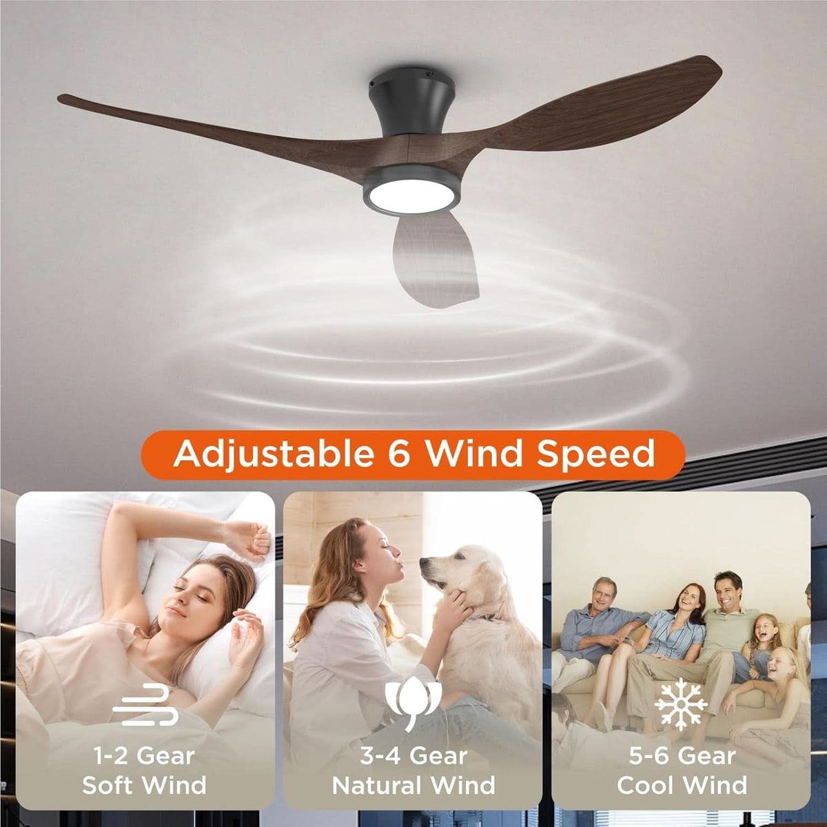 52 Inch Black Walnut Ceiling Fan For Living Room Indoor