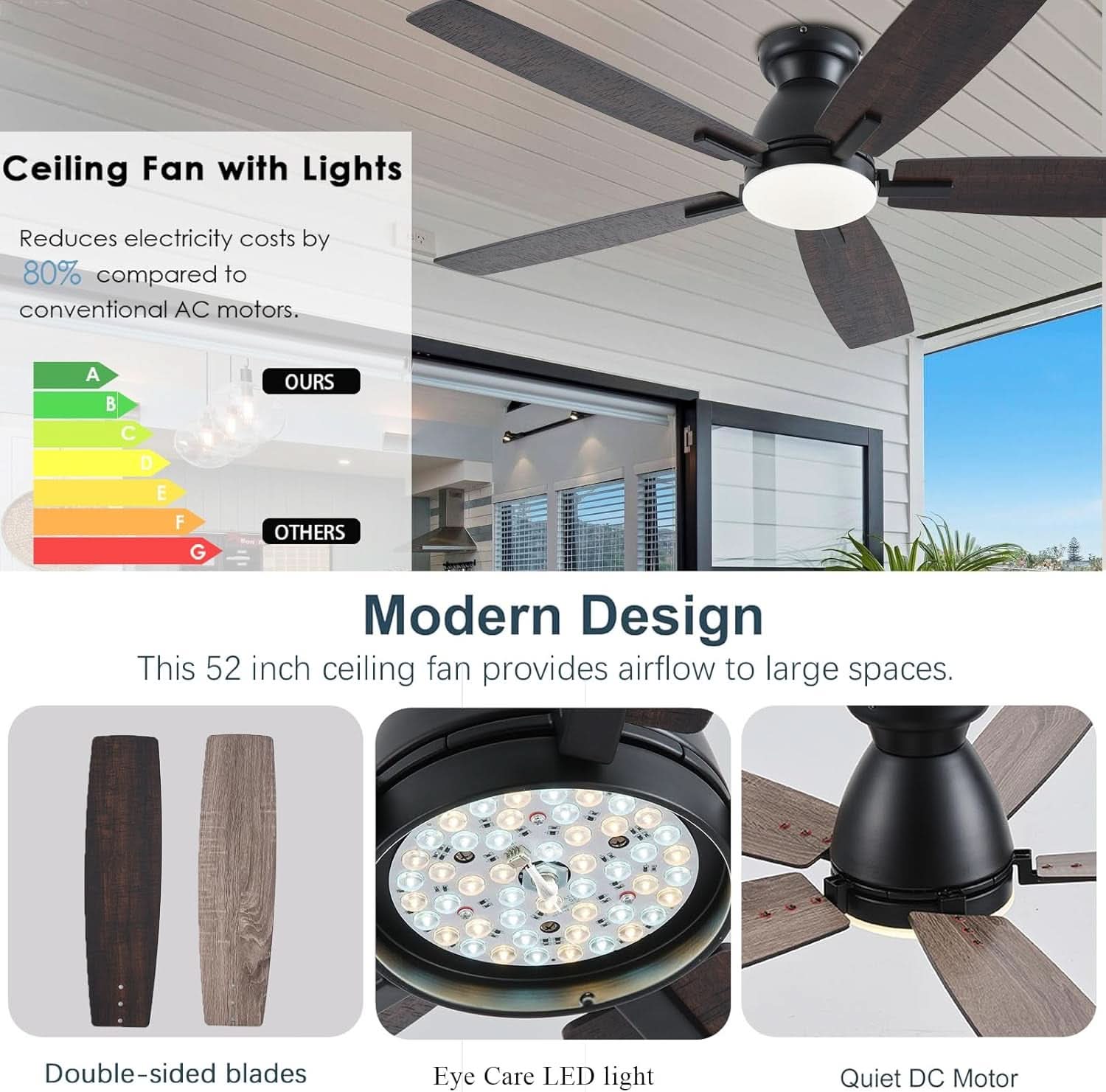 52 Inch Brown Ceiling Fan With Lights Remote Control