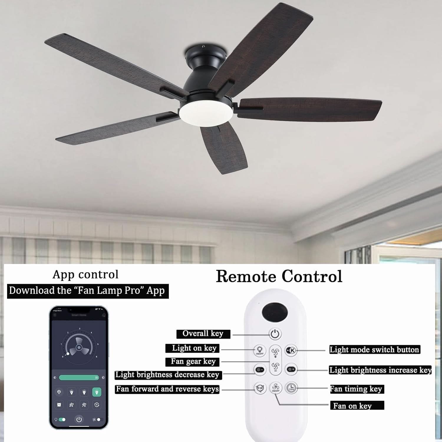 52 Inch Brown Ceiling Fan With Lights Remote Control