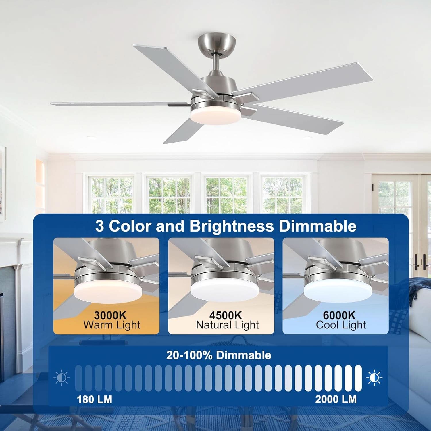 52 Inch Brushed Nickel Ceiling Fan With Remote And Dimmable LED Lighting