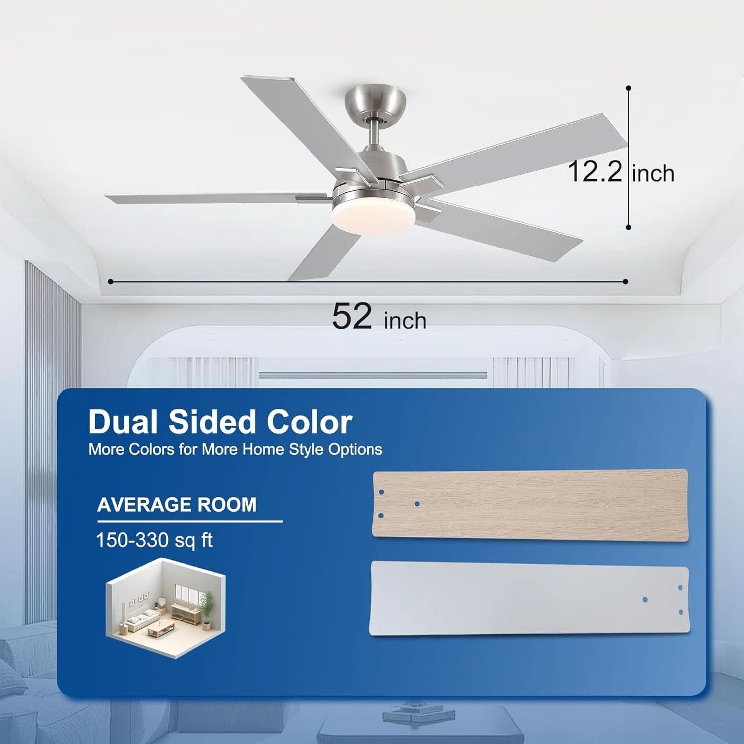 52 Inch Brushed Nickel Ceiling Fan With Remote And Dimmable LED Lighting