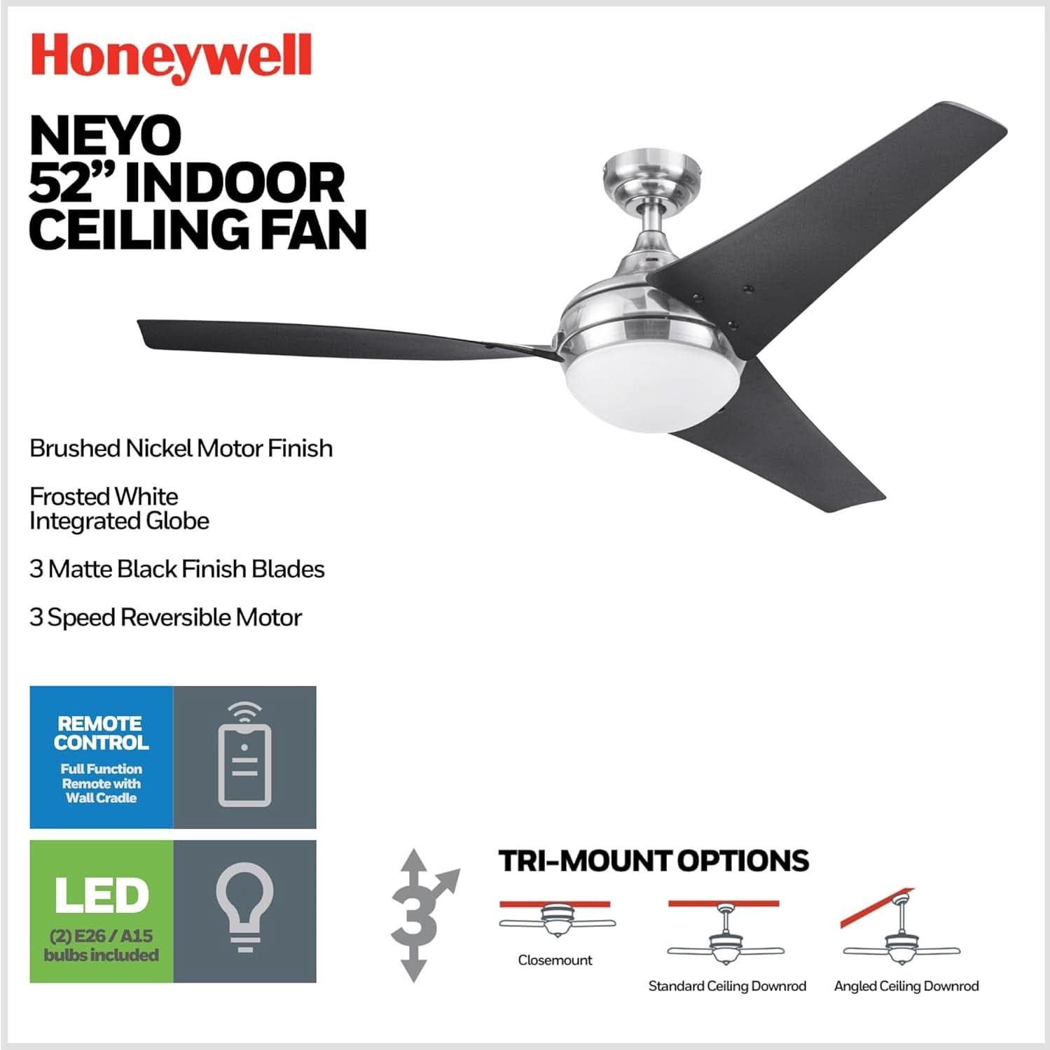 52 Inch Brushed Nickel LED Ceiling Fan With Remote