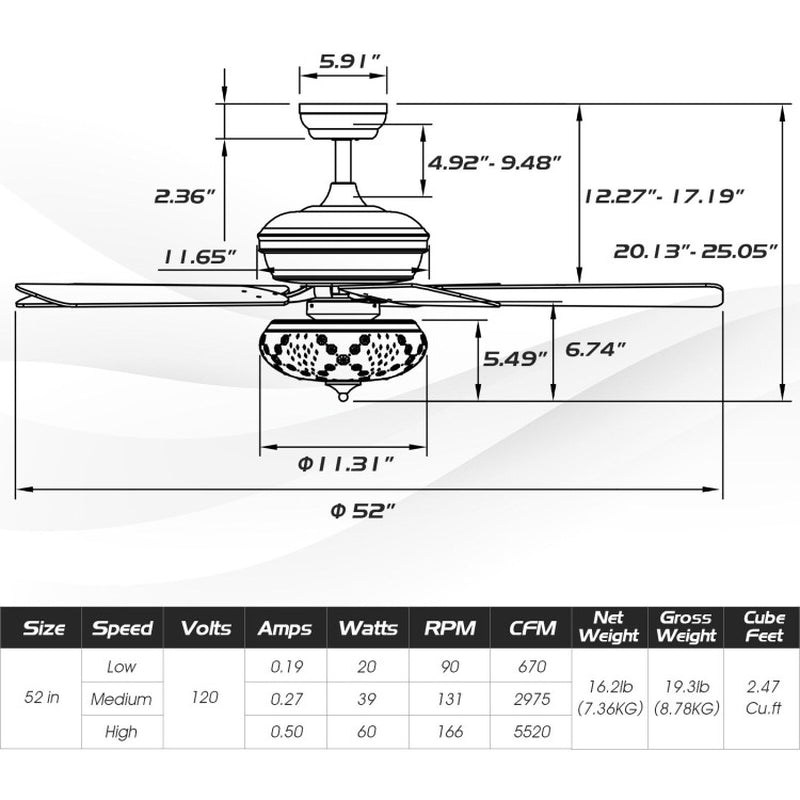 52 Inch Ceiling Fan With 3 Speeds And Reversible Blades