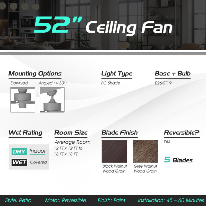 52 Inch Ceiling Fan With 3 Speeds And Reversible Blades