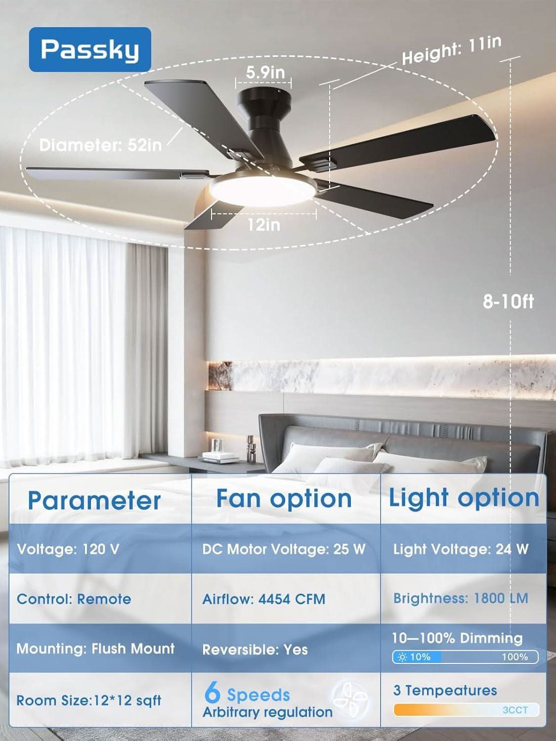52 Inch Ceiling Fan With Dimmable LED Light With Remote