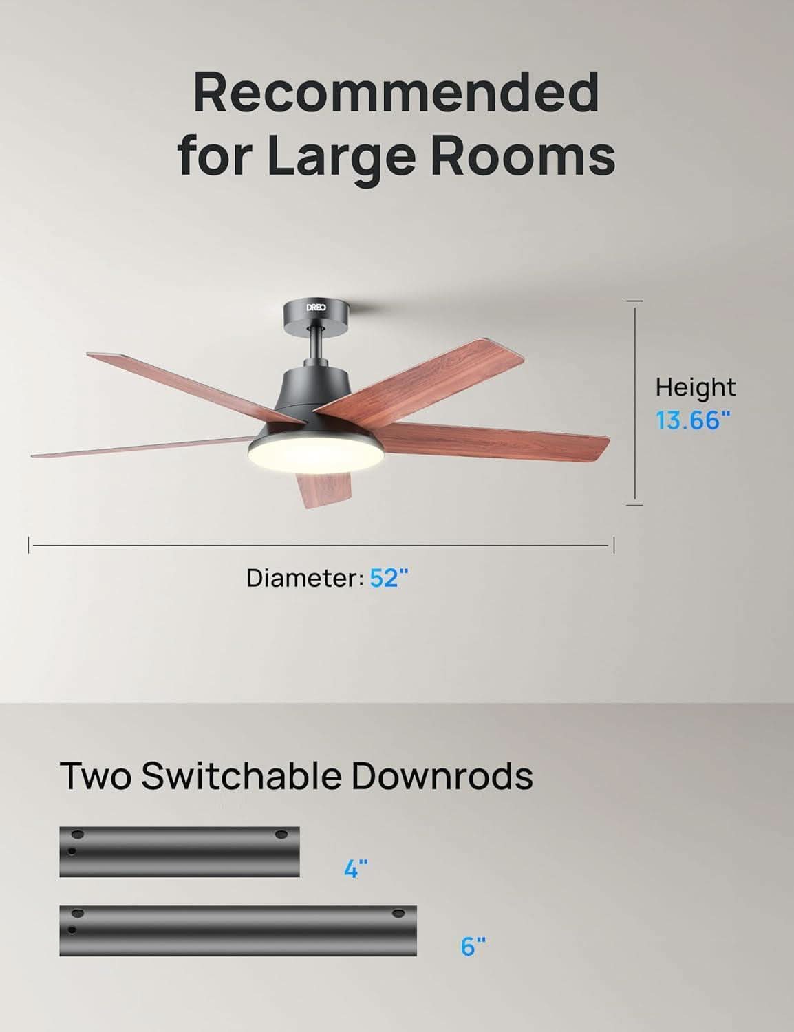 52 Inch Ceiling Fan With Dimmable LED Lights Remote
