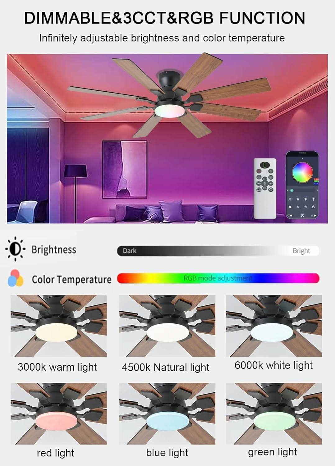 52 Inch Ceiling Fan With Light Remote App Control Brown