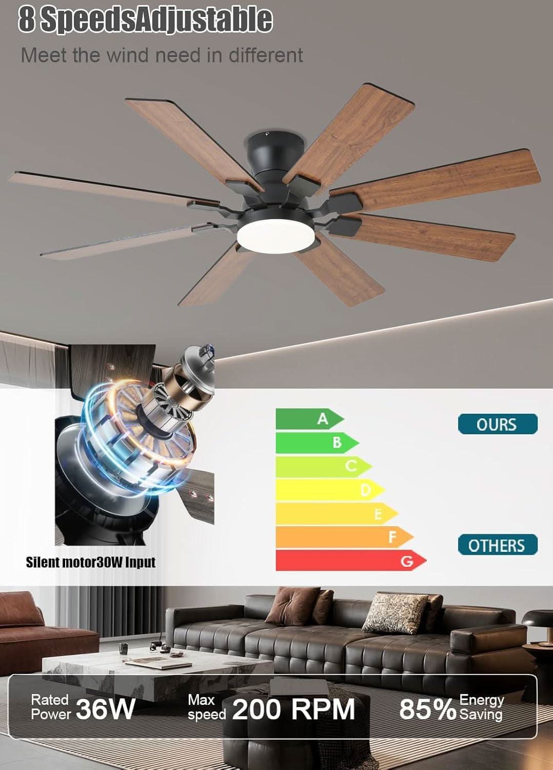 52 Inch Ceiling Fan With Light Remote App Control Brown