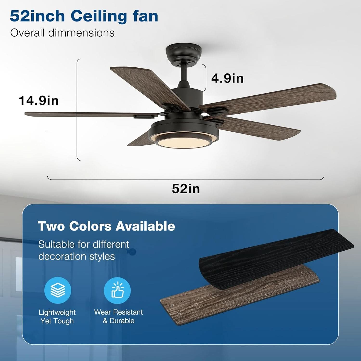 52 Inch Ceiling Fan With Light Remote Control Dimmable LED