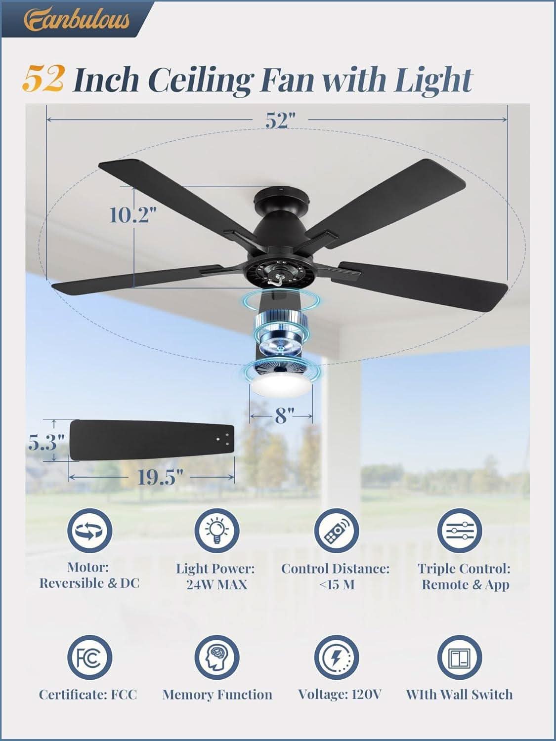 52 Inch Ceiling Fan With Lights Remote App Control