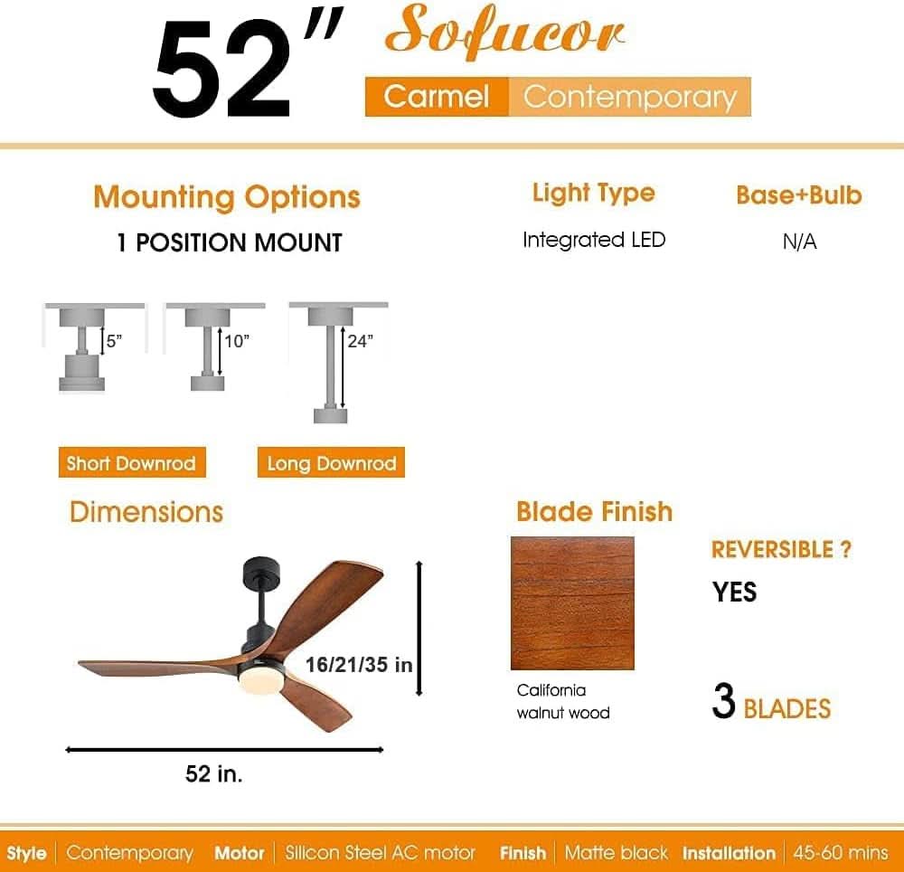 52 Inch Ceiling Fan With Lights Remote Control Matte Black
