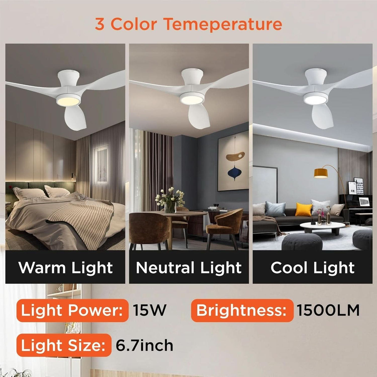 52 Inch Ceiling Fan With Remote And Quiet DC Motor For Bedroom And Living Room