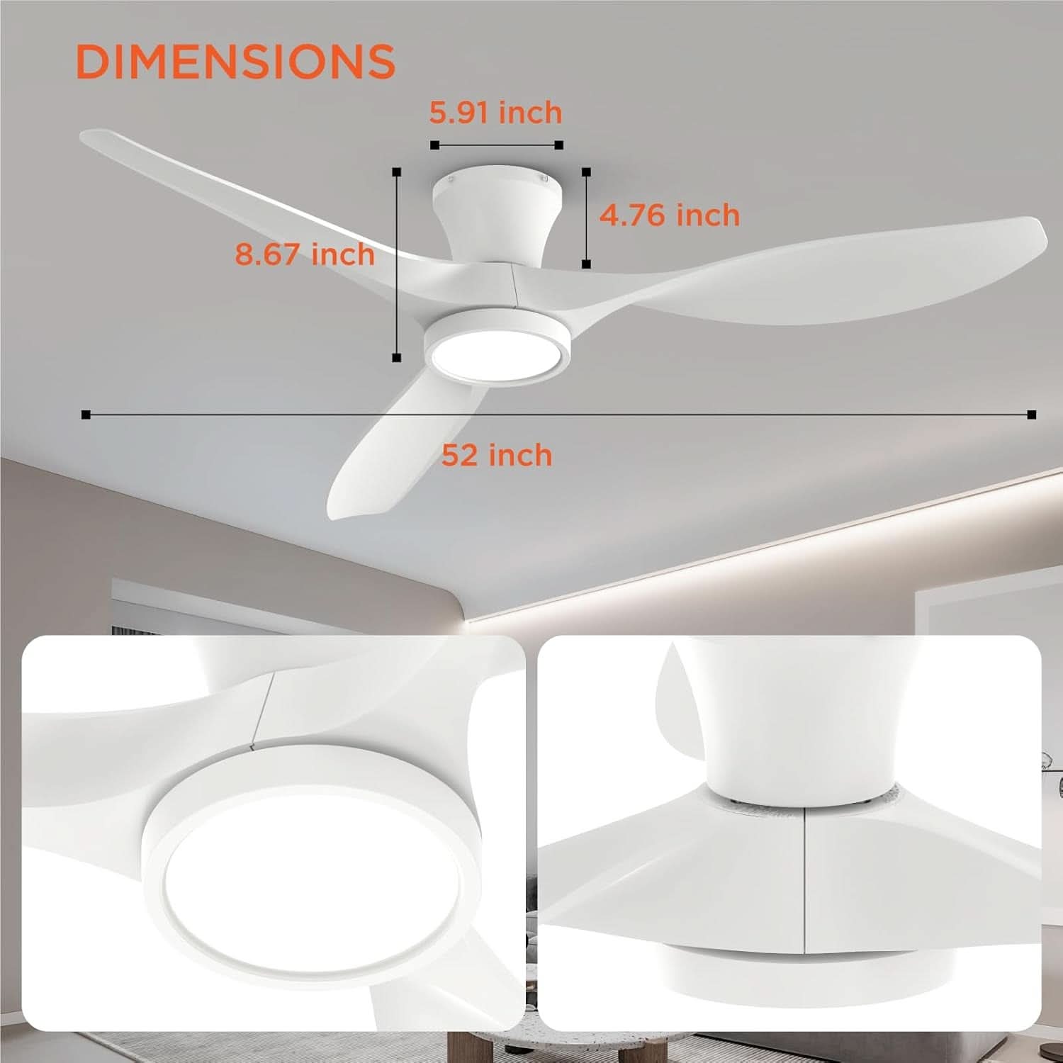 52 Inch Ceiling Fan With Remote And Quiet DC Motor For Bedroom And Living Room