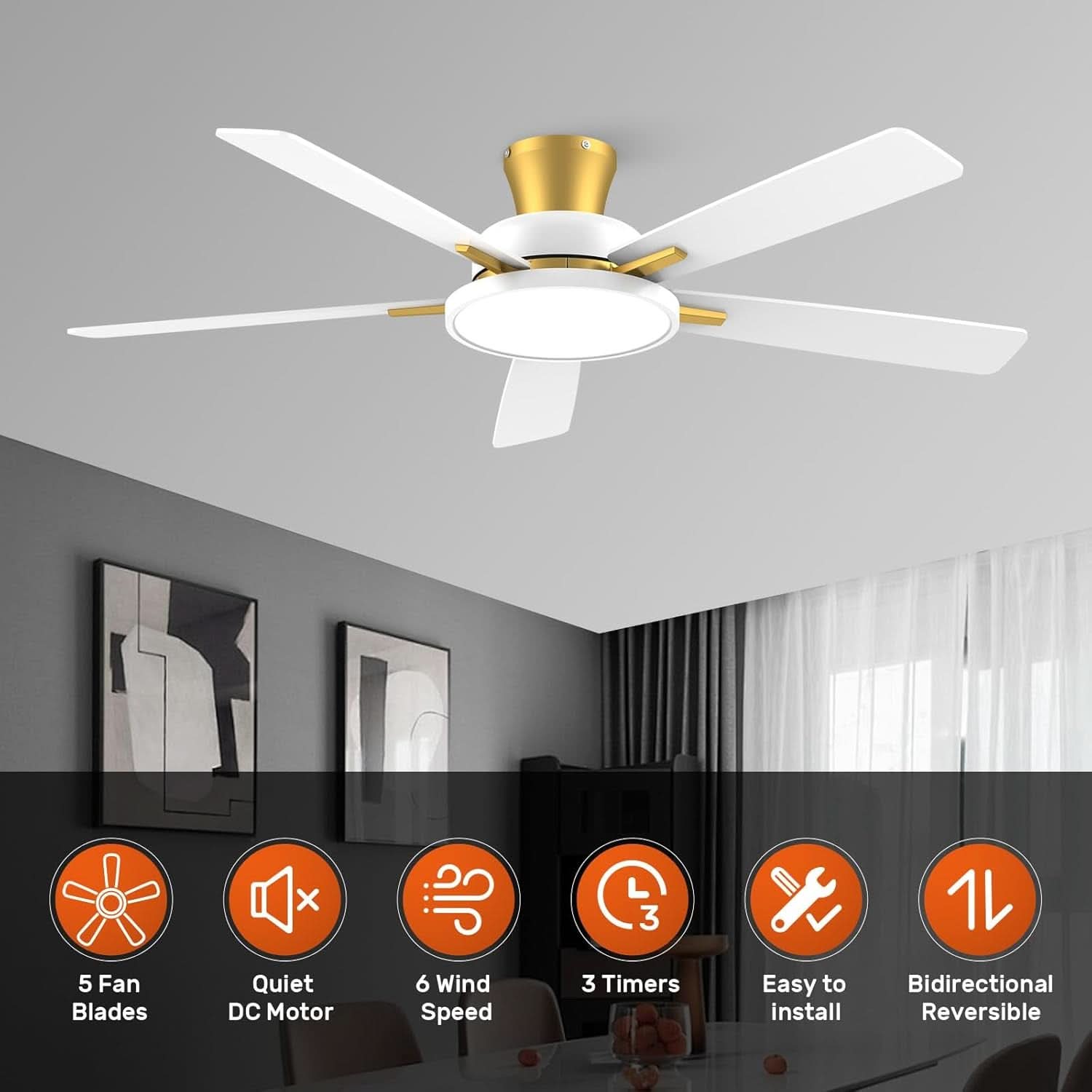 52 Inch Ceiling Fan With Remote Dimmable Lights White Gold