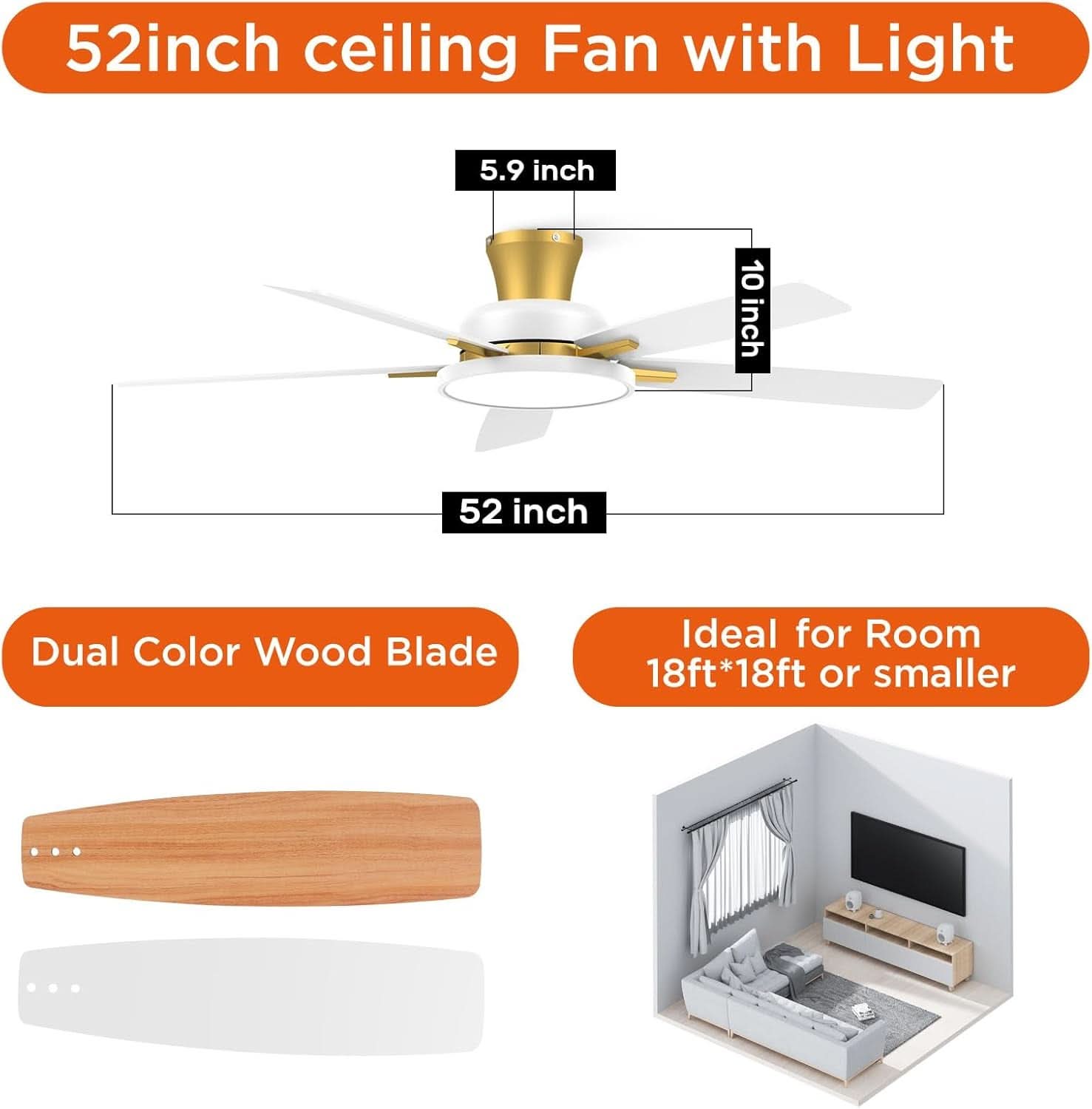 52 Inch Ceiling Fan With Remote Dimmable Lights White Gold